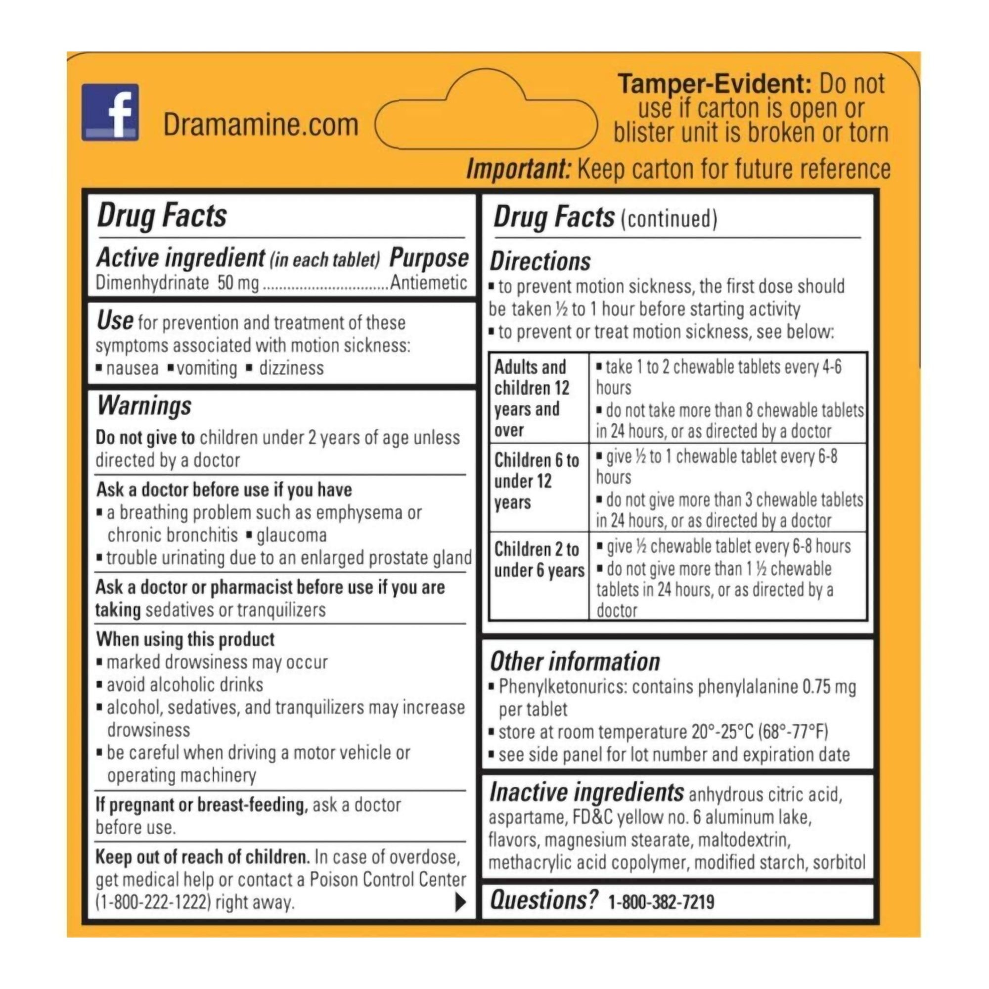 Medtech Laboratories 83124800200 - Dramamine® Motion Sickness Antiemetic Dual Action Chewable Tablets Orange - 8/Box