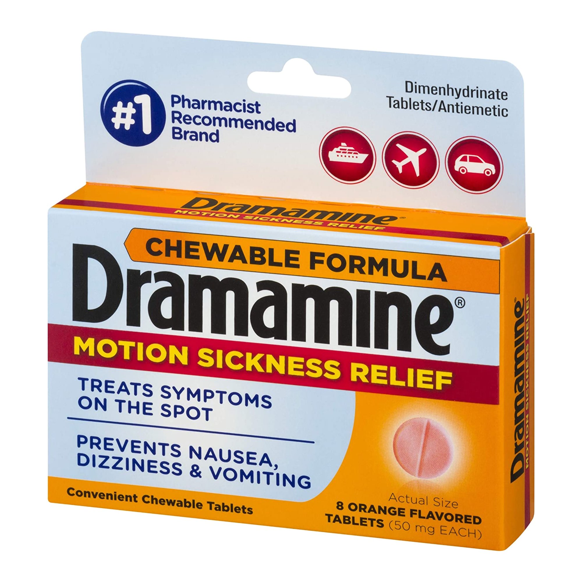 Medtech Laboratories 83124800200 - Dramamine® Motion Sickness Antiemetic Dual Action Chewable Tablets Orange - 8/Box