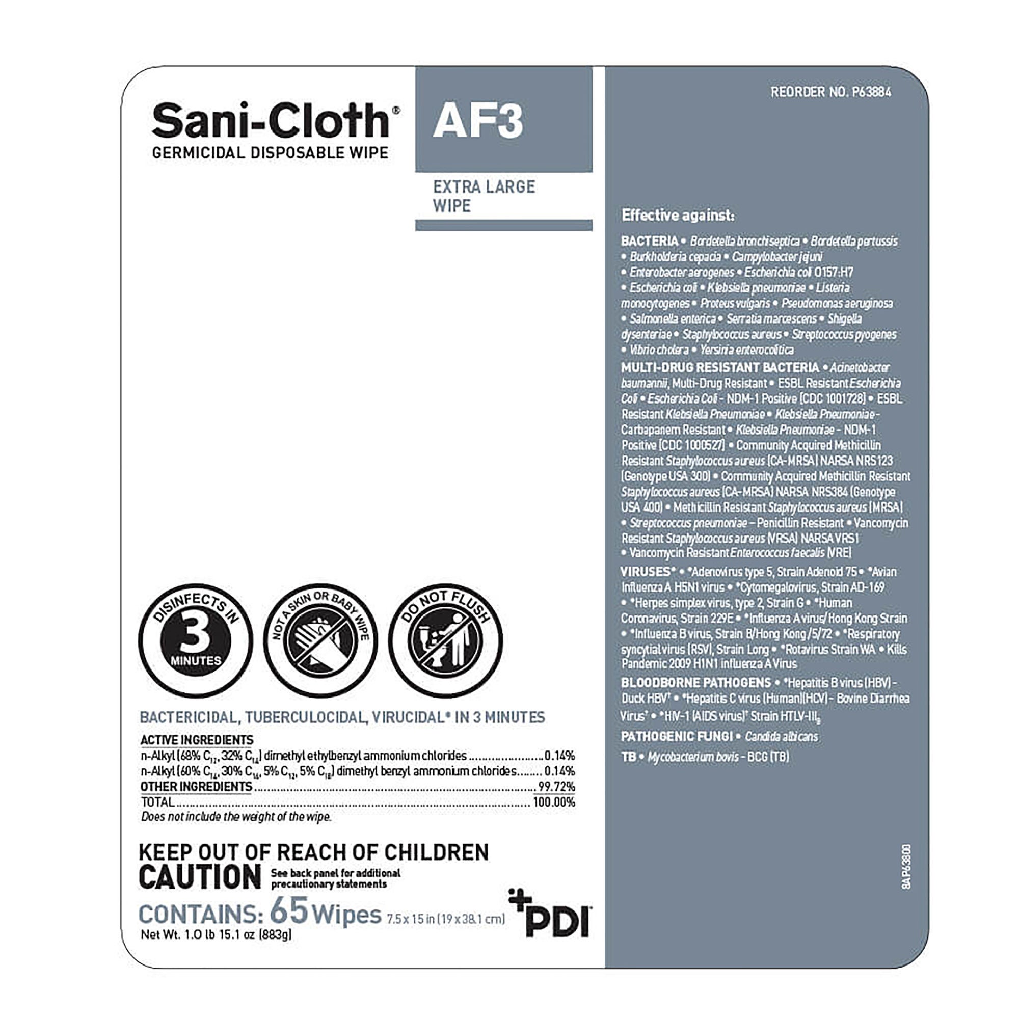 Professional Disposables - P63884 Surface Disinfectant Cleaner Sani-Cloth® AF3 Premoistened Germicidal Manual Pull Wipe 65 Count Canister Mild Scent NonSterile