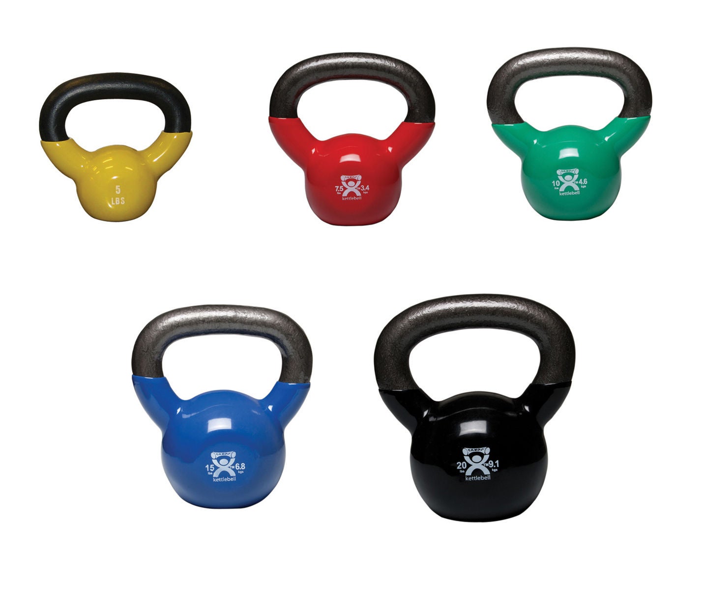Fabrication Enterprises - 10-3199 Kettlebell Set 5 Piece Set CanDo® 5 lbs. / 7-1/2 lbs. / 10 lbs. / 15 lbs. / 20 lbs.