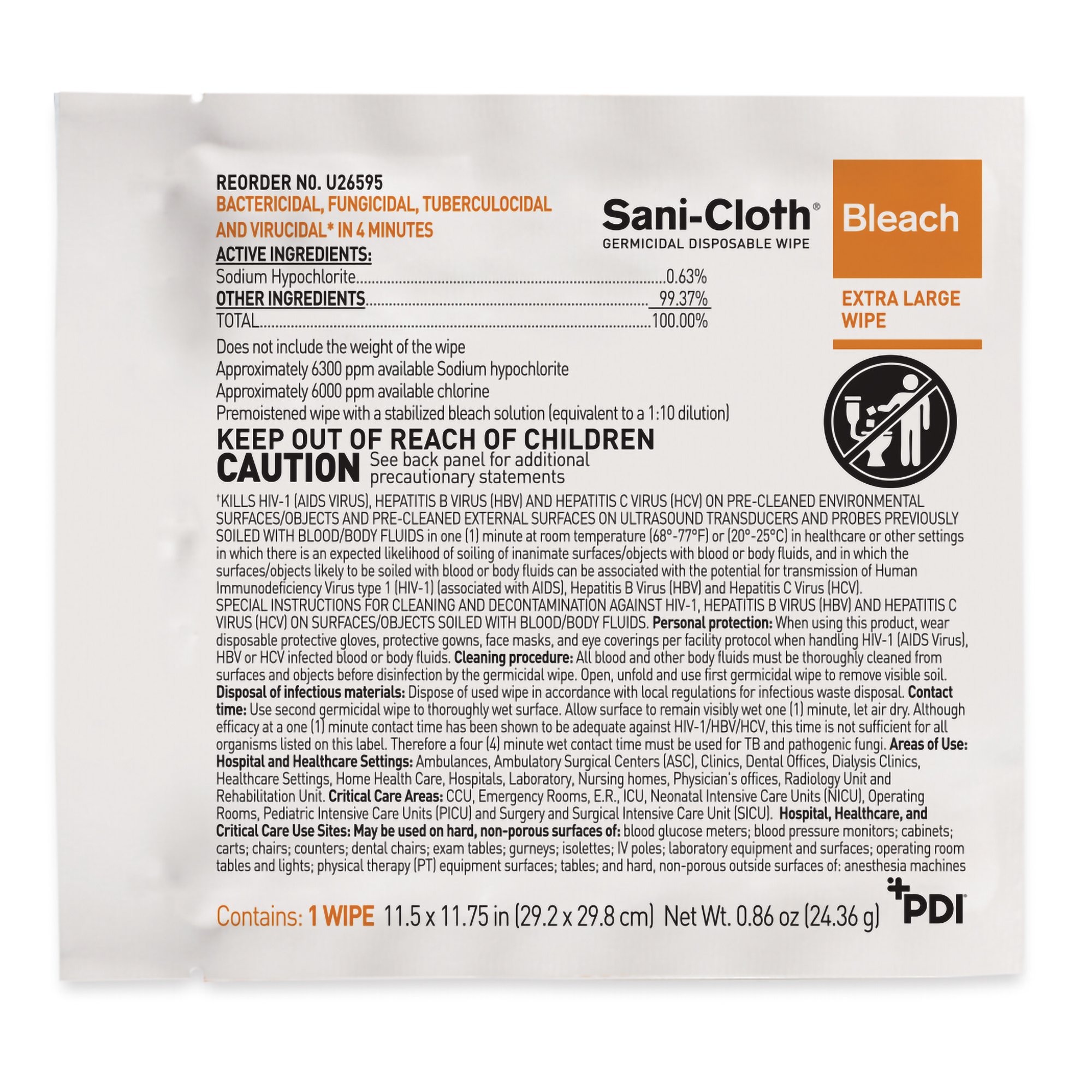 Professional Disposables U26595 - Sani-Cloth® Surface Disinfectant Cleaner Bleach Wipe, 11.5 x 11.75 Inch - 1/Each, 40/Box, 120/Case