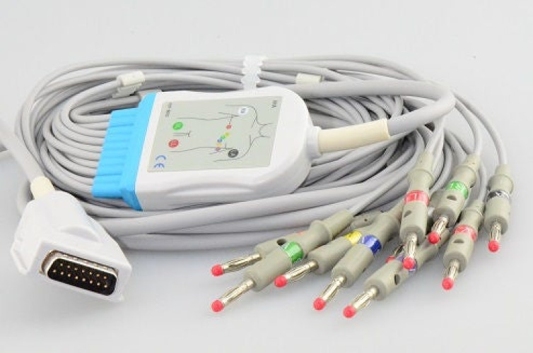 Sage Services Group - A15-10-MSB ECG/EKG Cable 4mm X 10 Foot, Gray, TPU Jacket, 10-Leads, Reusable, Adult Use, One Piece, 15-Pin Connector Monitor Side, 10-Leads, Banana Connector, Mixed Length, AHA Color Coded For 8300, 850, 8500, Atria 3000, Eclipse LE 