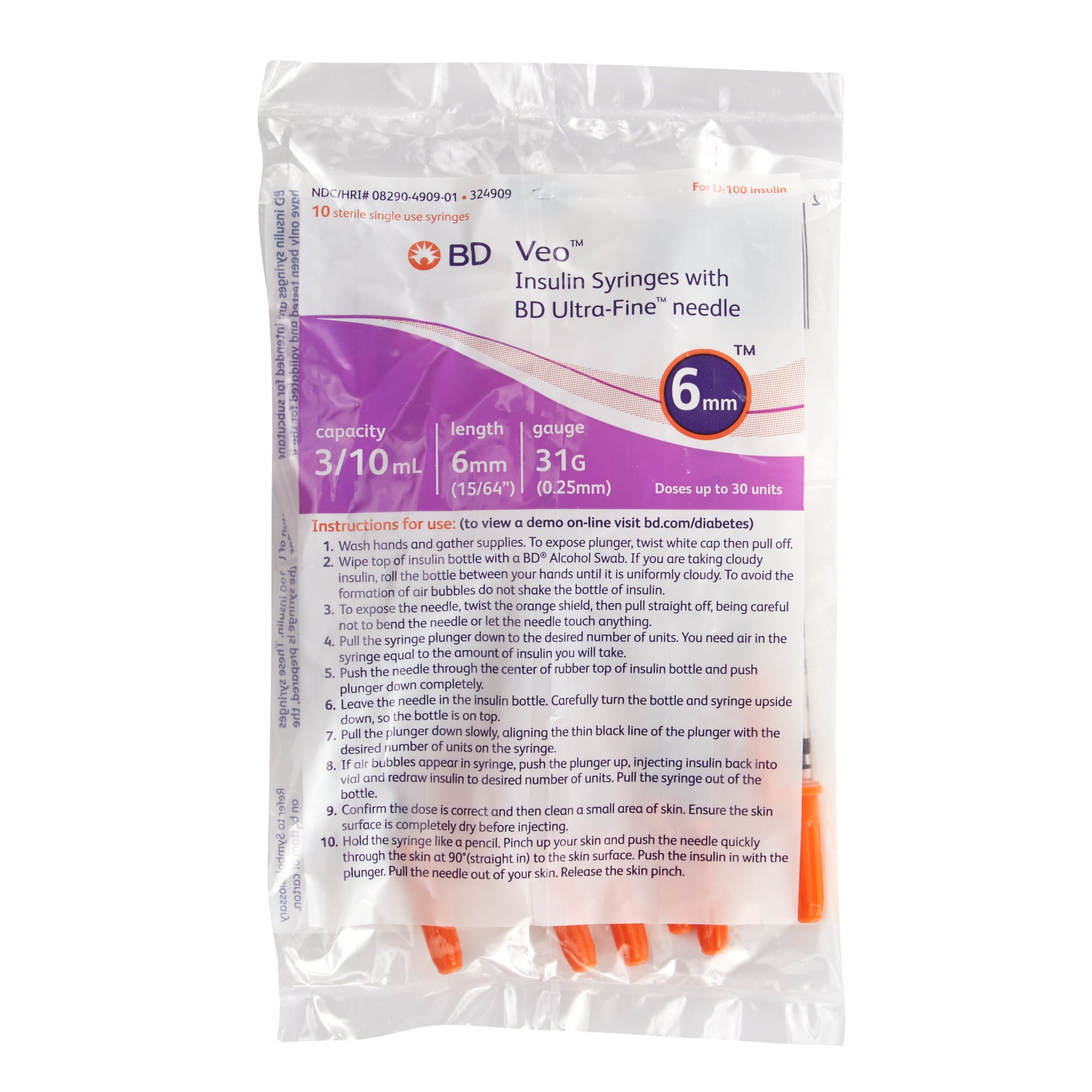 Embecta Medical II LLC 324909 - Ultra-Fine™ Insulin Syringe with Needle - 100/Box, 500/Case