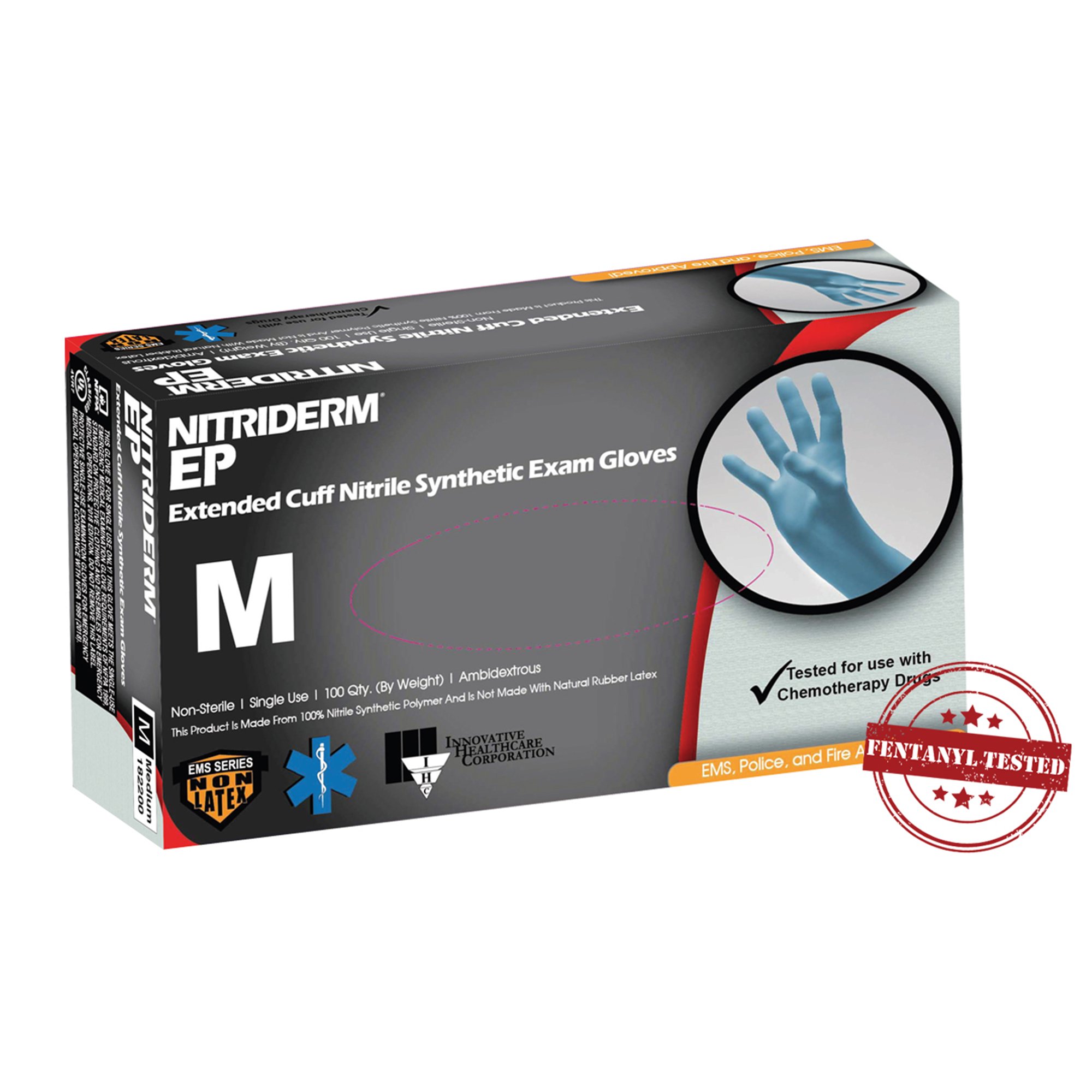 Innovative Healthcare Corp 182200 - NitriDerm® EP Nitrile Extended Cuff Length Exam Glove, Medium, Blue - 100/Box, 1000/Case
