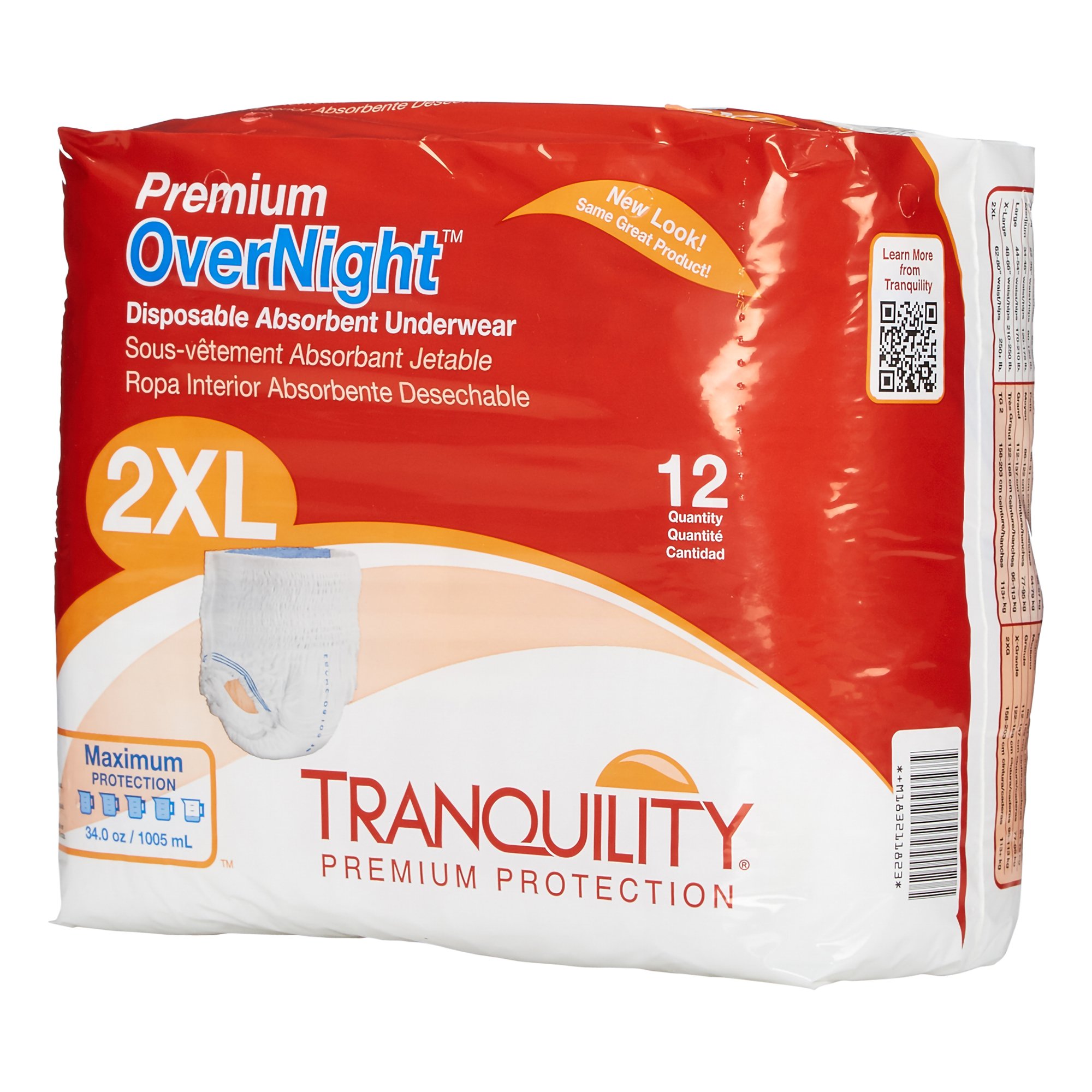 Principle Business Enterprises 2118 - Tranquility Premium OverNight Disposable Absorbent Underwear, 2XL - 12/Bag, 48/Case