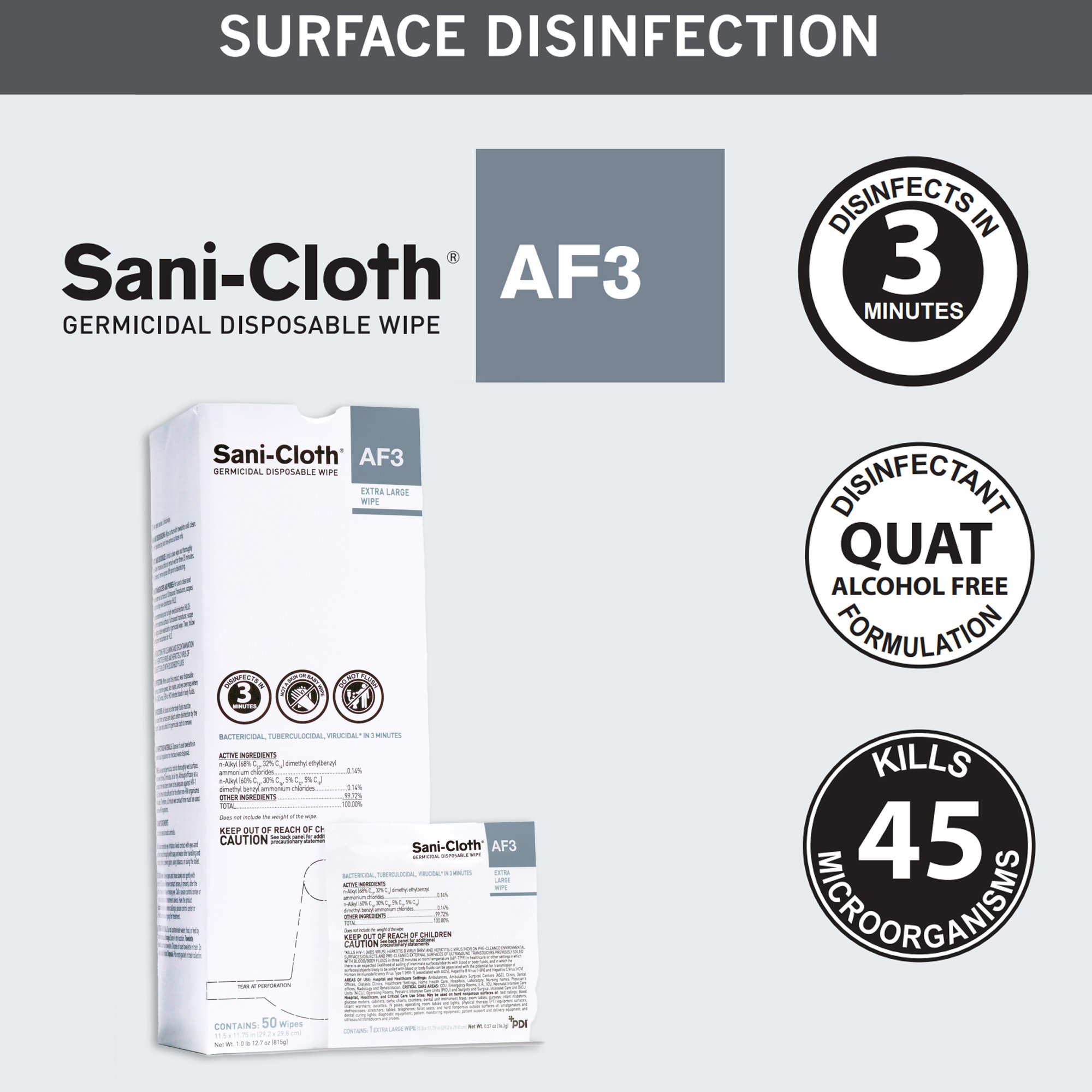 Professional Disposables U27500 - Sani-Cloth® AF3 Germicidal Extra Large Disinfectant Wipes, 11.5 x 11.75 Inch - 50/Box, 150/Case