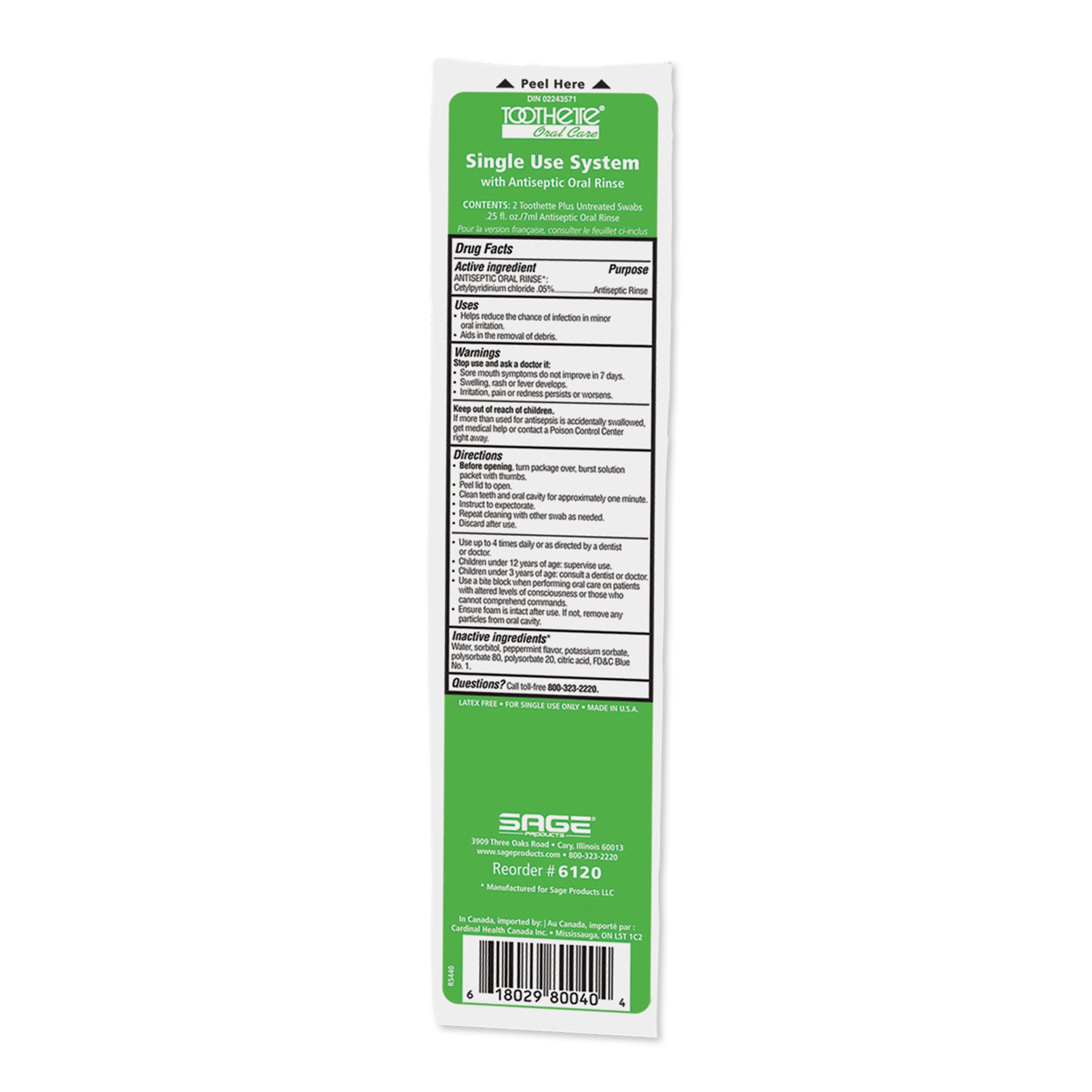 Sage Products 6120 - Sage Oral Swabstick Toothette Plus Foam Tip, Cetylpyridinium Chloride .05% - 1/Pack, 50/Box, 100/Case