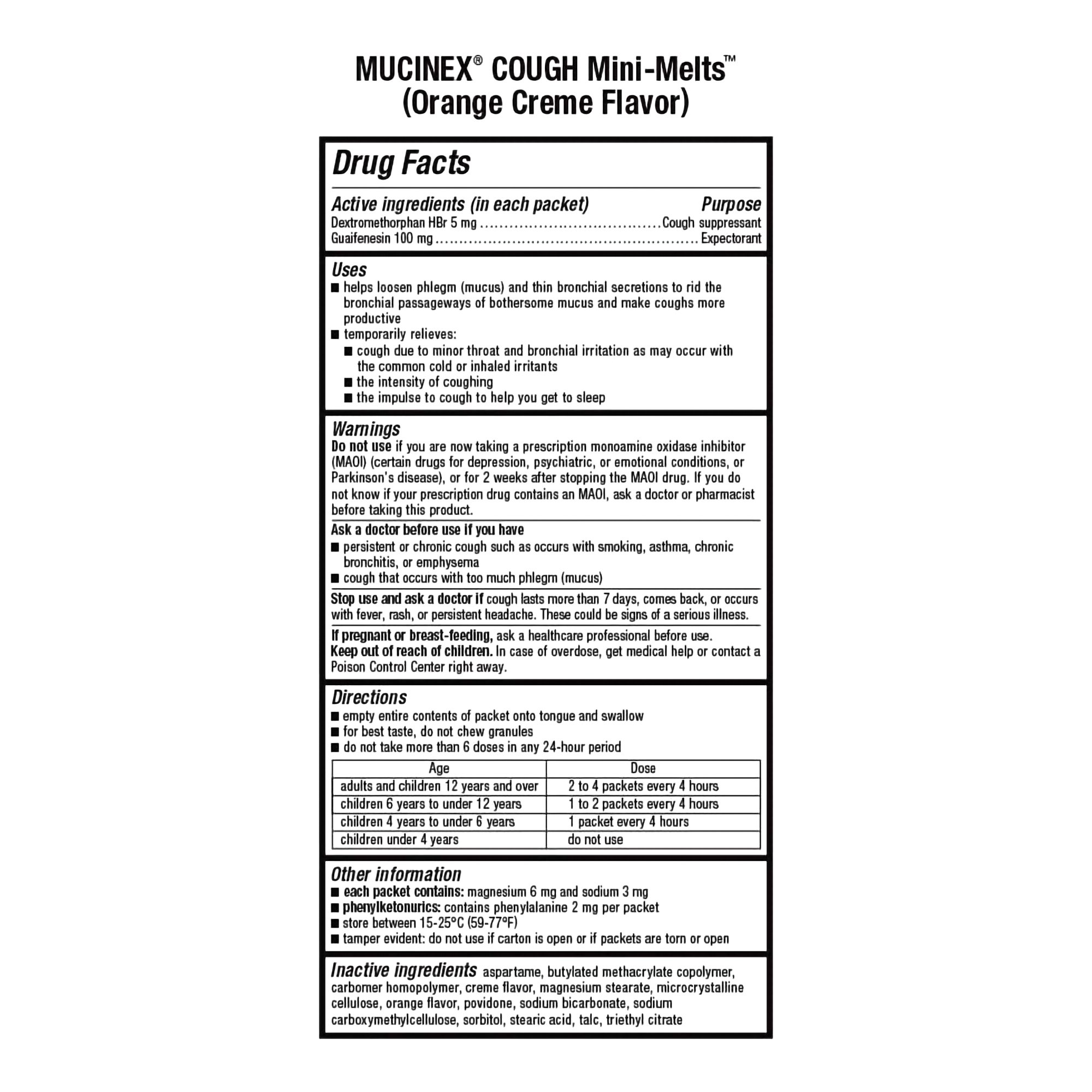 Reckitt Benckiser 63824025612 - Mucinex Children's Cough Mini-Melts Packets Orange Crème Flavor - 12/Pack
