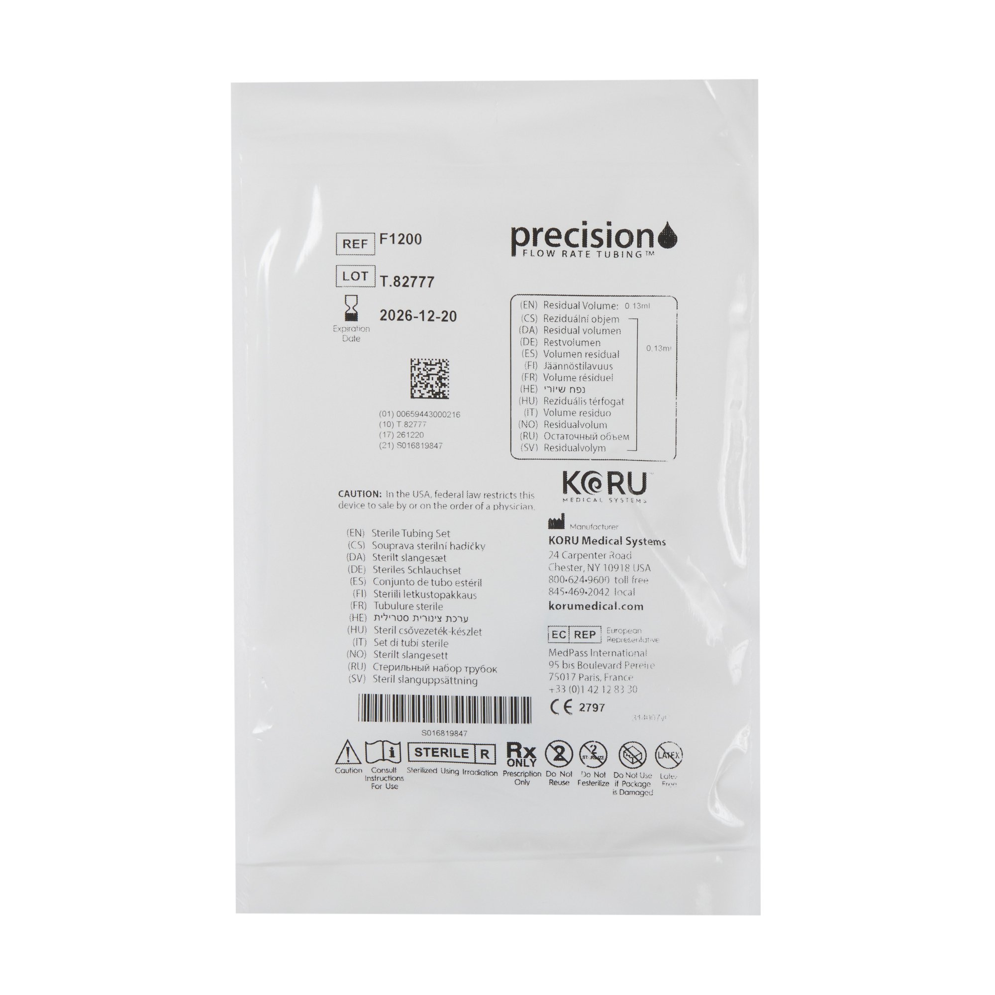 KORU Medical Systems F1200 - Precision Flow Rate Tubing™ Set - 1/Each, 50/Case