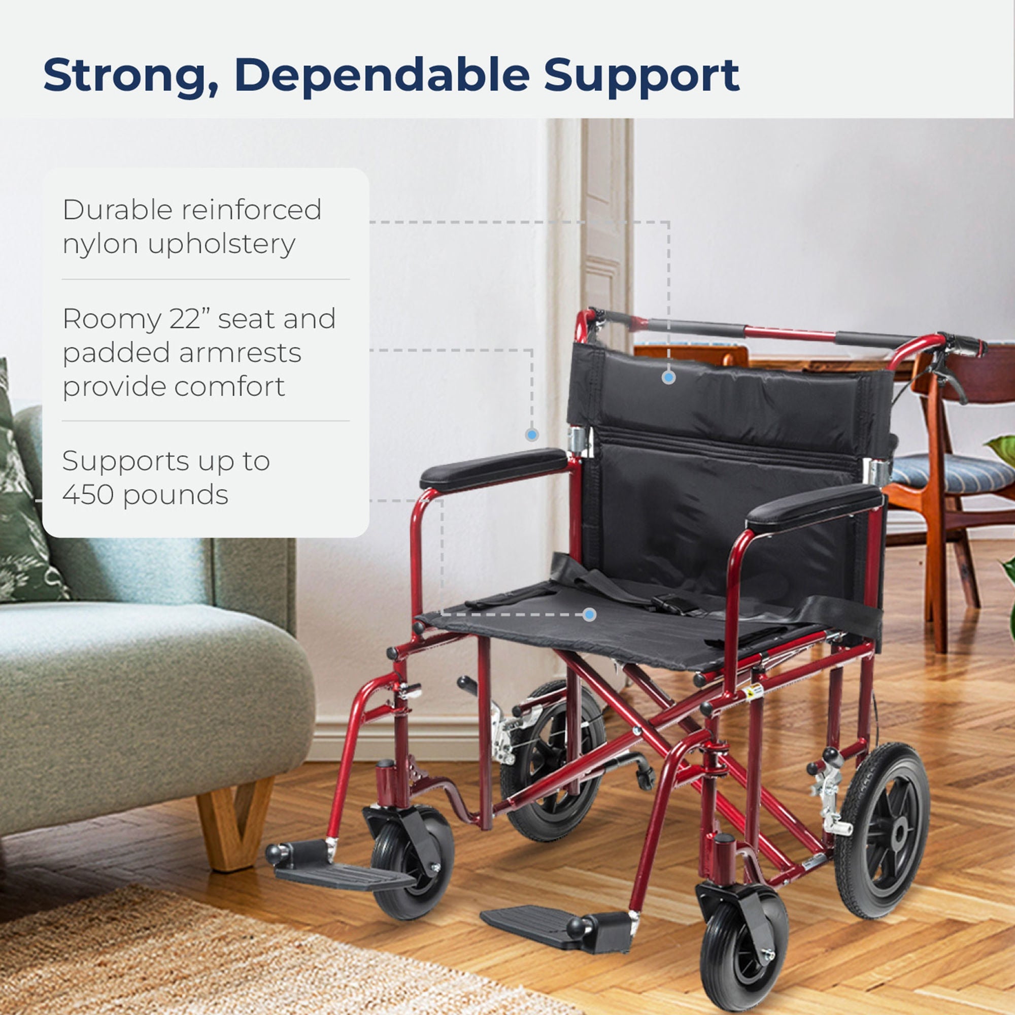 Drive DeVilbiss Healthcare - ATC22-R Transport Chair drive™ 22 Inch Seat Width Full Length Arm Swing-Away Footrest Aluminum Frame with Blue Finish