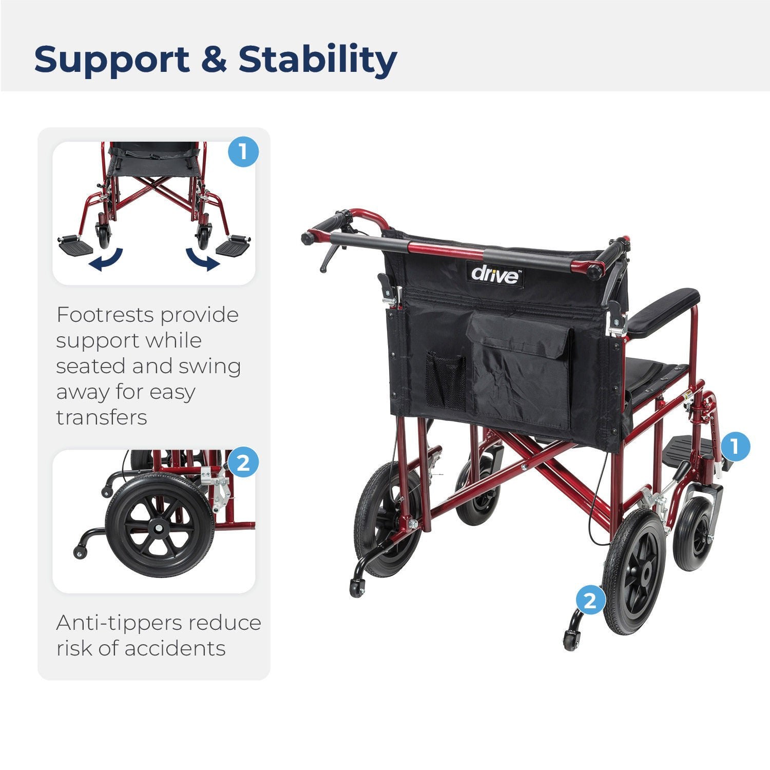 Drive DeVilbiss Healthcare - ATC22-R Transport Chair drive™ 22 Inch Seat Width Full Length Arm Swing-Away Footrest Aluminum Frame with Blue Finish