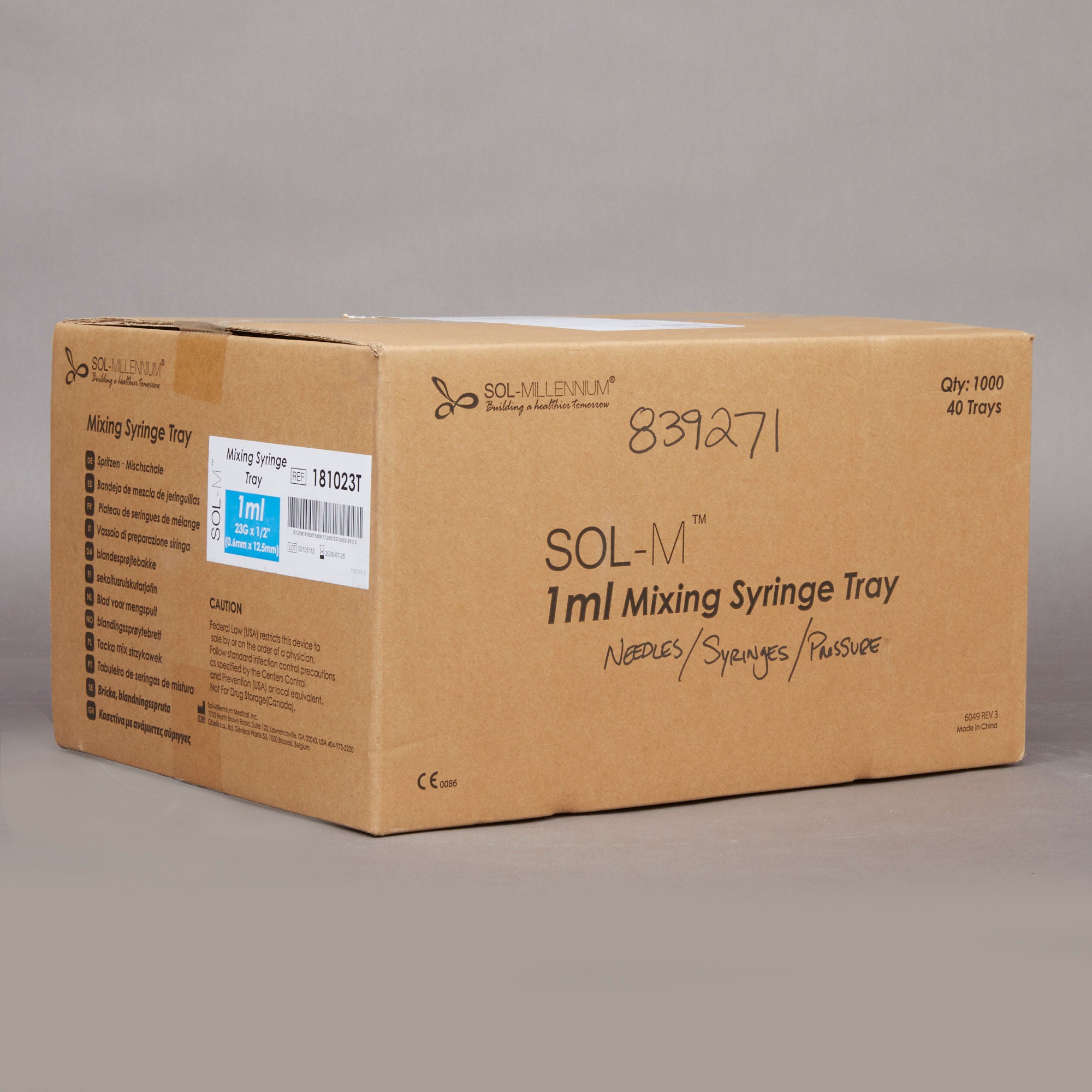 Sol-Millennium Medical - 181023T Standard Allergy Tray Sol-M™ 1 mL 1/2 Inch 23 Gauge NonSafety Regular Wall