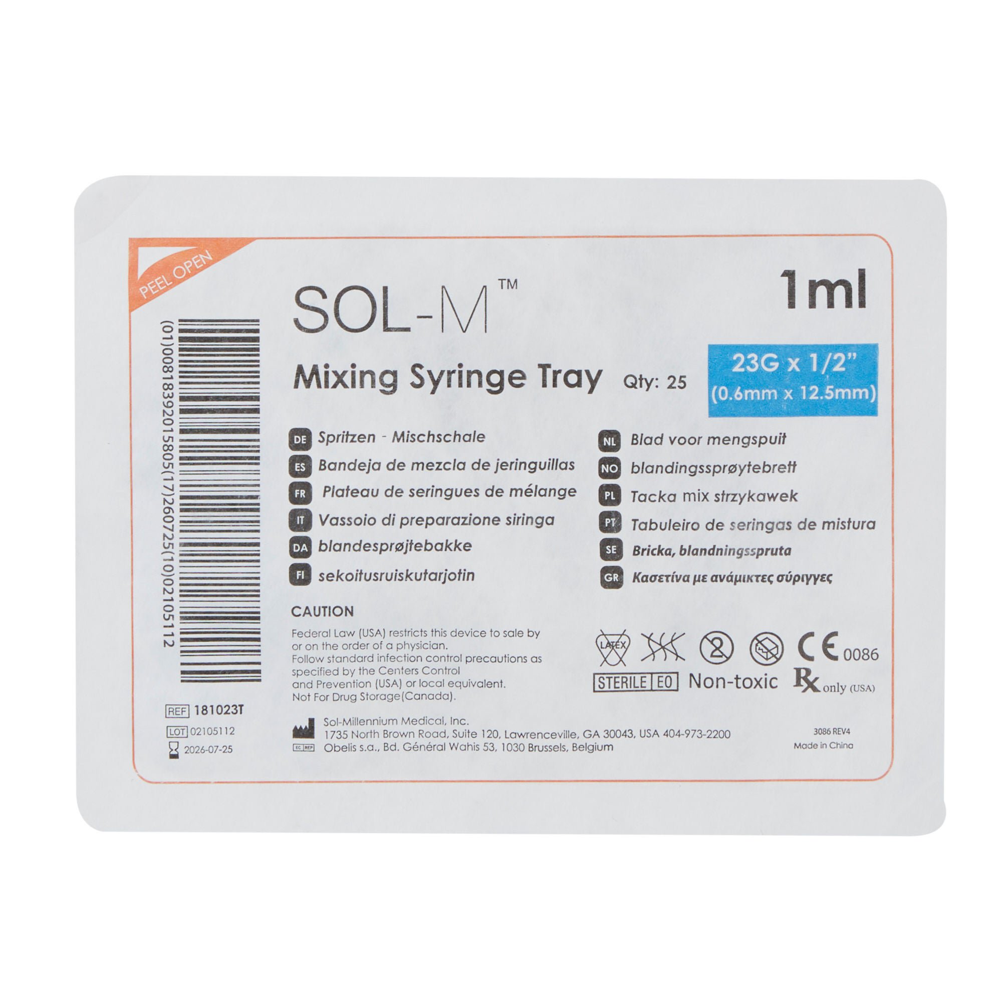 Sol-Millennium Medical - 181023T Standard Allergy Tray Sol-M™ 1 mL 1/2 Inch 23 Gauge NonSafety Regular Wall