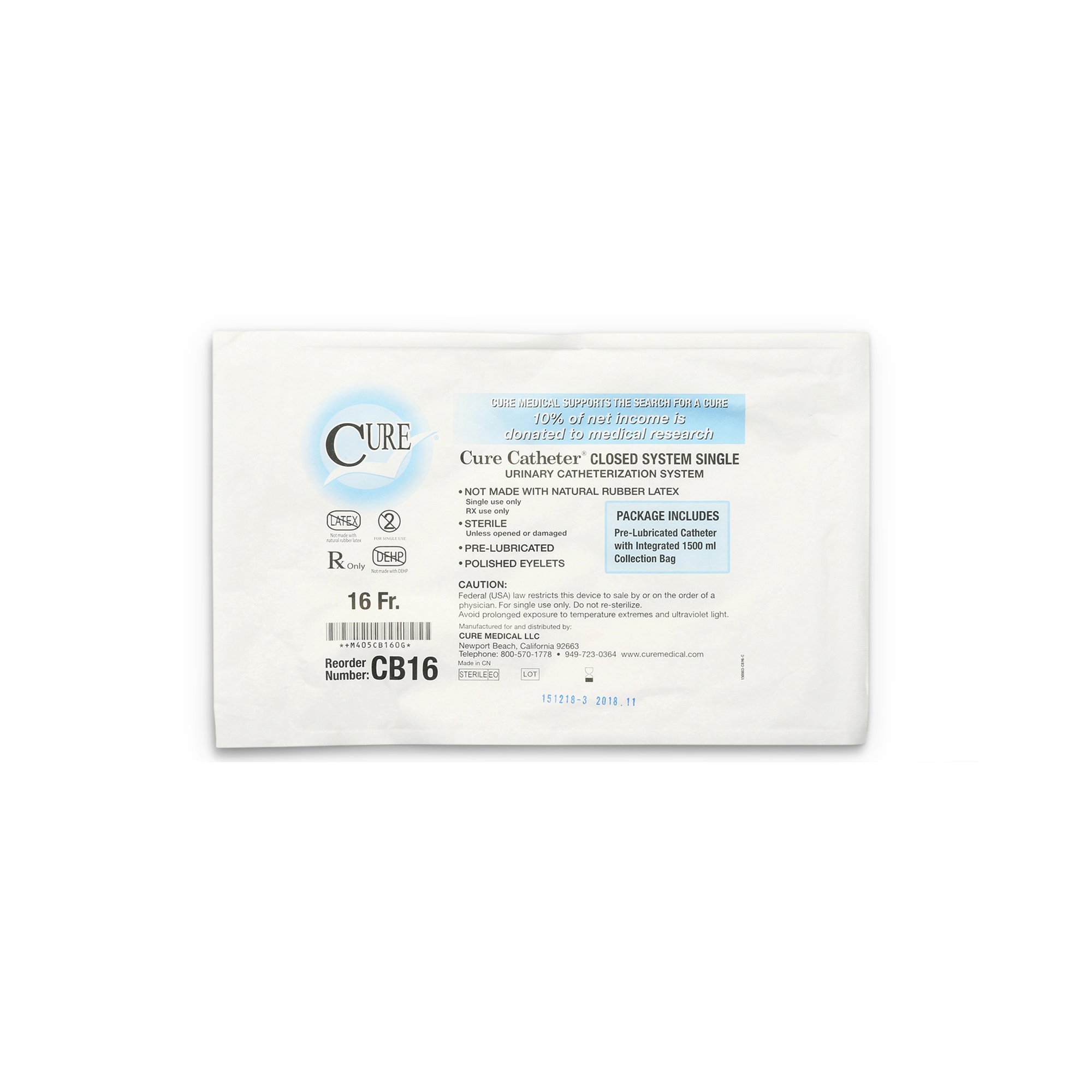 ConvaTec CB16 - Cure Catheter™ Intermittent Catheter Tray, 16 Fr. - 1/Each, 100/Case