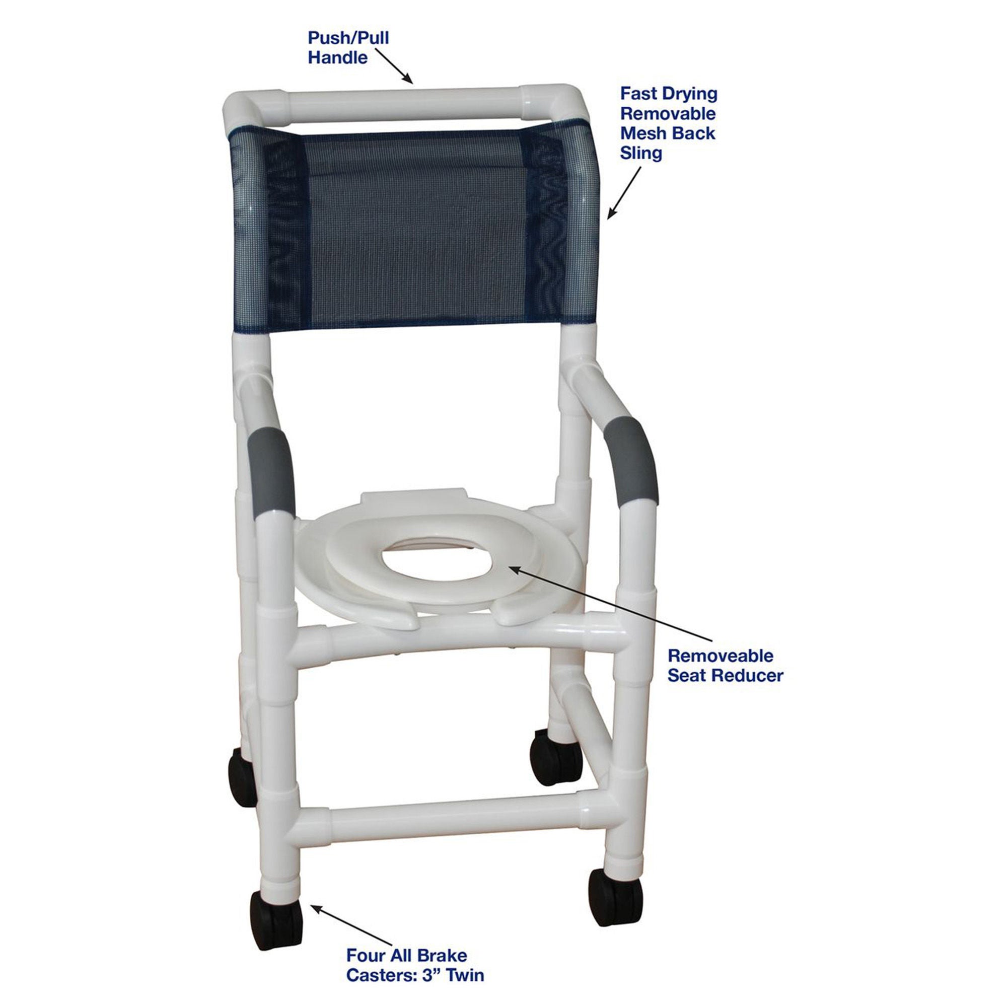 MJM International - 115-3TW-RH Shower Chair MJM International Fixed Arms PVC Frame Mesh Backrest with Pushbar 250 lbs. Weight Capacity