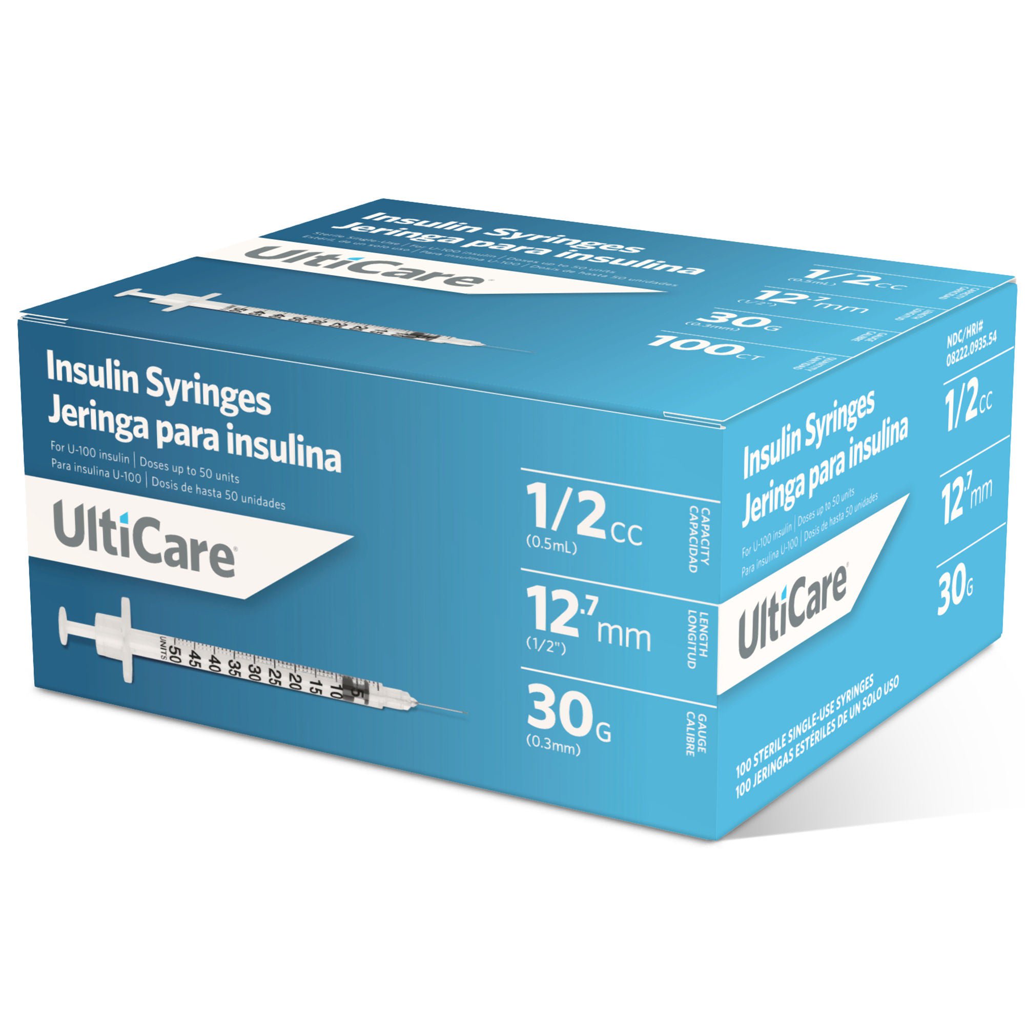 Ultimed - 09355 Standard Insulin Syringe with Needle UltiCare® 0.5 mL 1/2 Inch 30 Gauge NonSafety Regular Wall