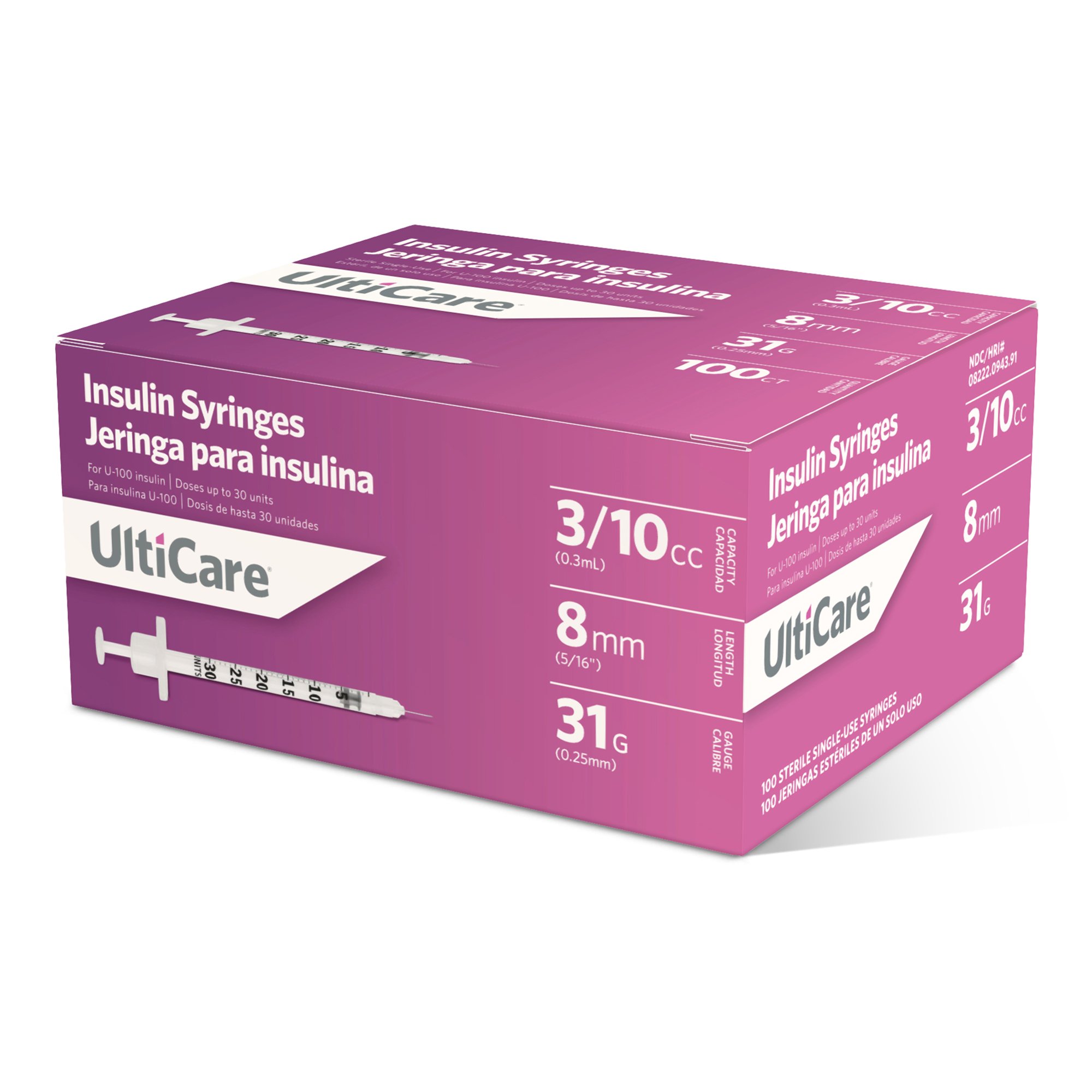 Ultimed 09439 - UltiCare™ Insulin Syringe with Needle - 100/Box, 500/Case