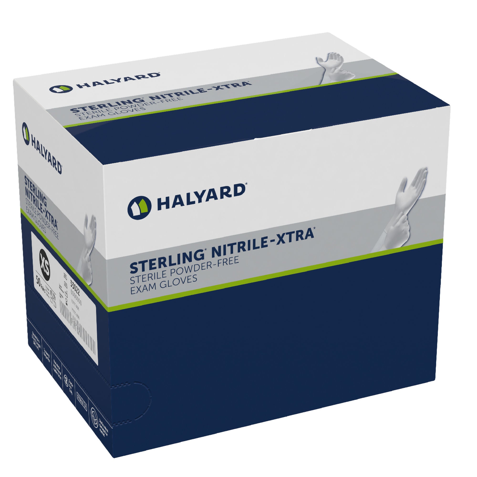 O&M Halyard Inc - 33022 Exam Glove STERLING-XTRA® X-Small 50 Pairs per Box Sterile Pair Nitrile Extended Cuff Length Textured Fingertips Gray Not Rated