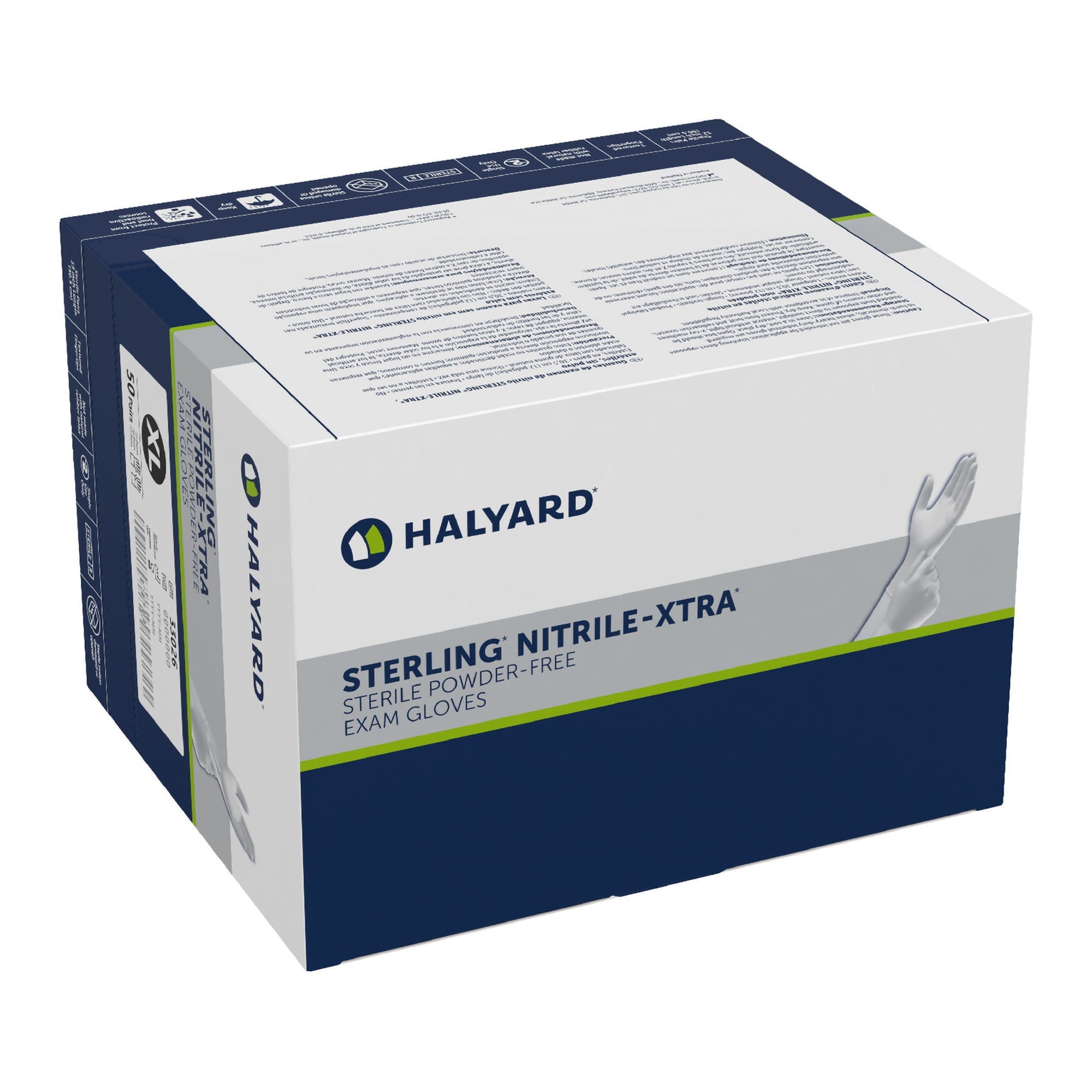 O&M Halyard Inc - 33026 Exam Glove STERLING-XTRA® X-Large 50 Pairs per Box Sterile Pair Nitrile Extended Cuff Length Textured Fingertips Gray Not Rated