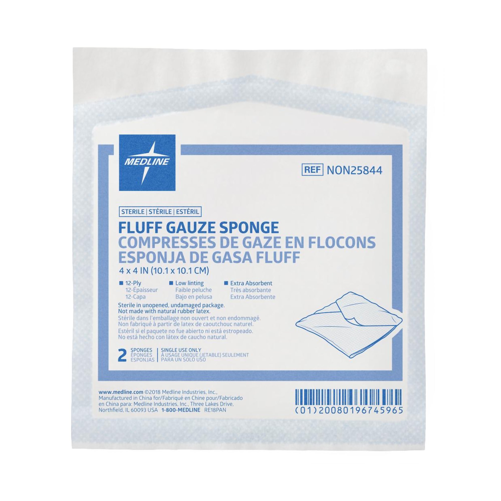 Medline NON25844 - Bulkee® Sterile Fluff Dressing, 4 x 4 Inch, 12-Ply - 1/Pack, 25/Box, 600/Case