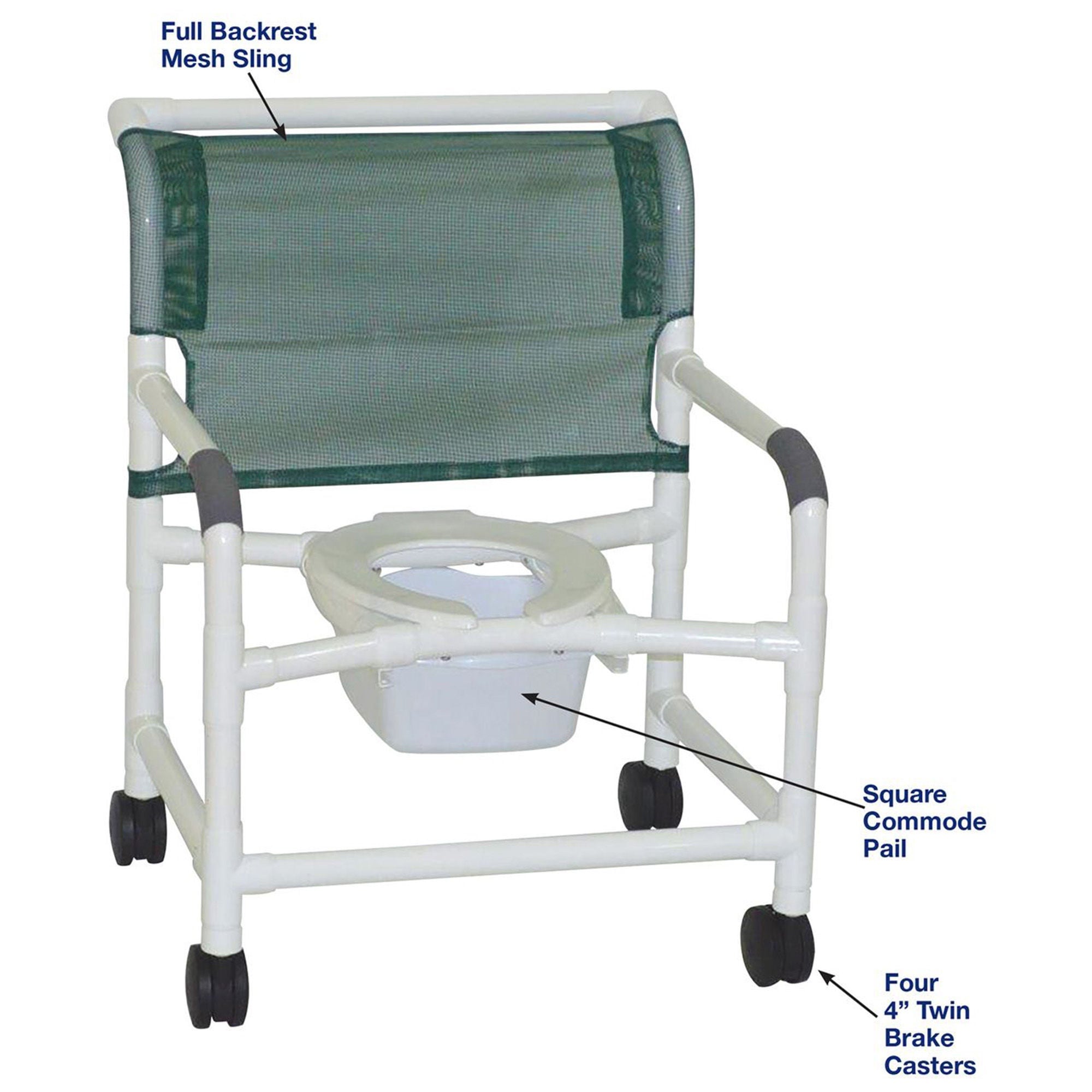 MJM International - 126-4TW-NB-NAVY-M Commode / Shower Chair MJM International Deluxe Fixed Arms PVC Frame Mesh Backrest with Pushbar 26 Inch Seat Width 425 lbs. Weight Capacity