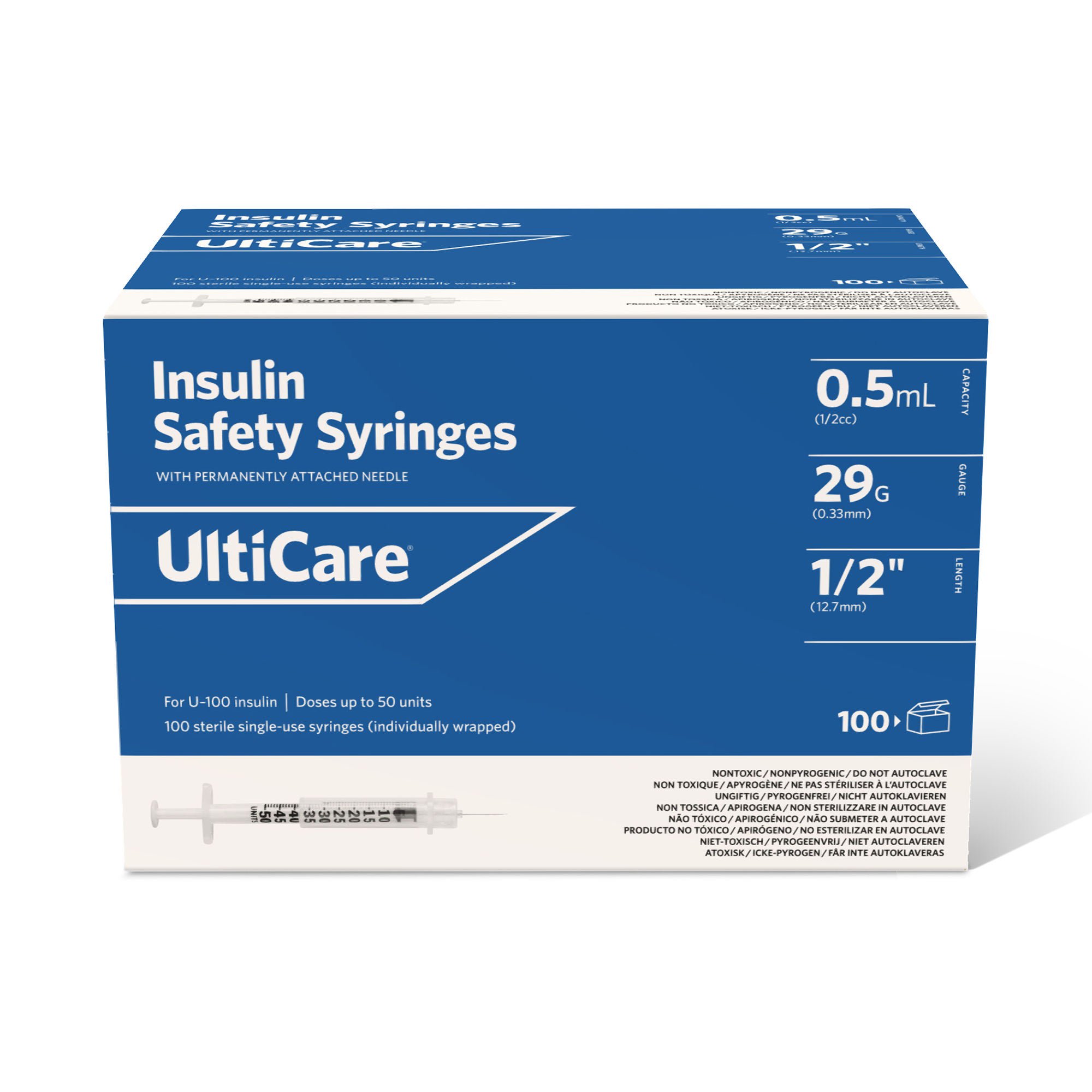 Ultimed - 03259 Safety Insulin Syringe with Needle UltiCare® 0.5 mL 1/2 Inch 29 Gauge Sliding Safety Needle Regular Wall