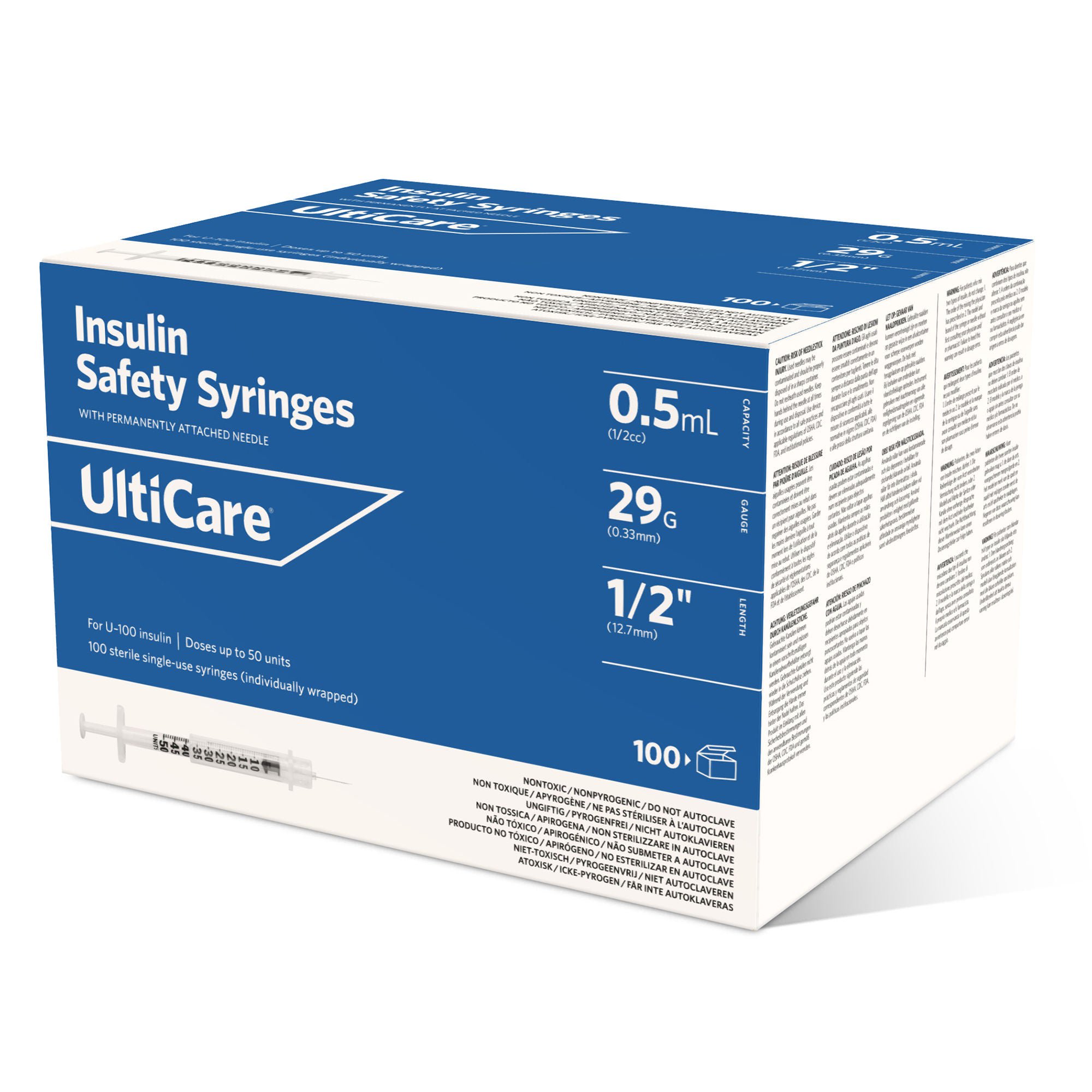 Ultimed - 03259 Safety Insulin Syringe with Needle UltiCare® 0.5 mL 1/2 Inch 29 Gauge Sliding Safety Needle Regular Wall