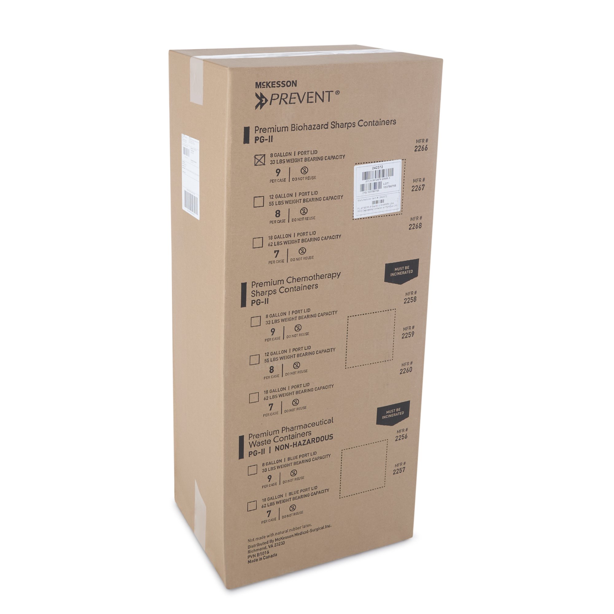 McKesson Brand 2266 - McKesson Prevent® Sharps Container, 8 Gallon, 13-1/2 x 17-3/10 x 13 Inch - 1/Each, 9/Case