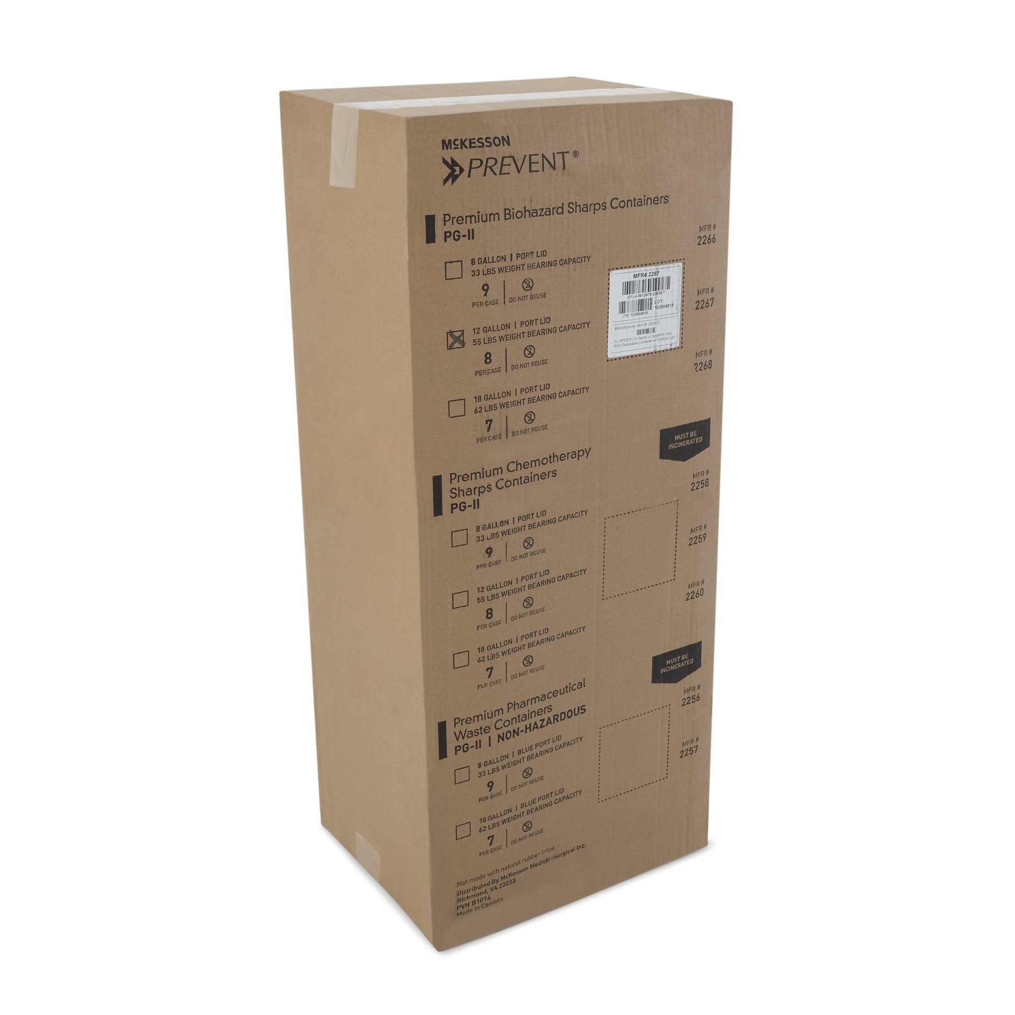 McKesson Brand 2267 - McKesson Prevent® Sharps Container, 12 Gallon, 20-4/5 x 17-3/10 x 13 Inch - 1/Each, 8/Case