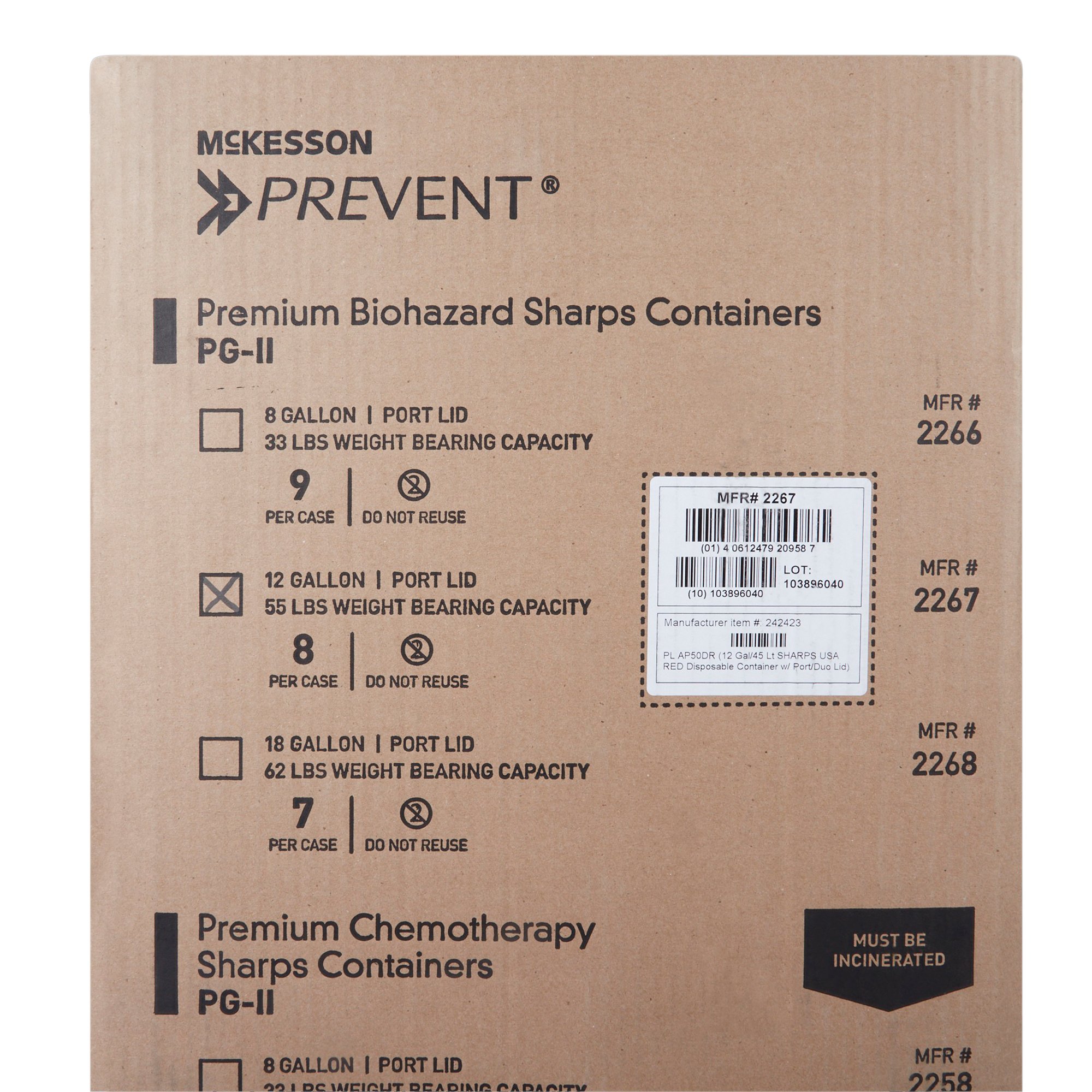 McKesson Brand 2267 - McKesson Prevent® Sharps Container, 12 Gallon, 20-4/5 x 17-3/10 x 13 Inch - 1/Each, 8/Case