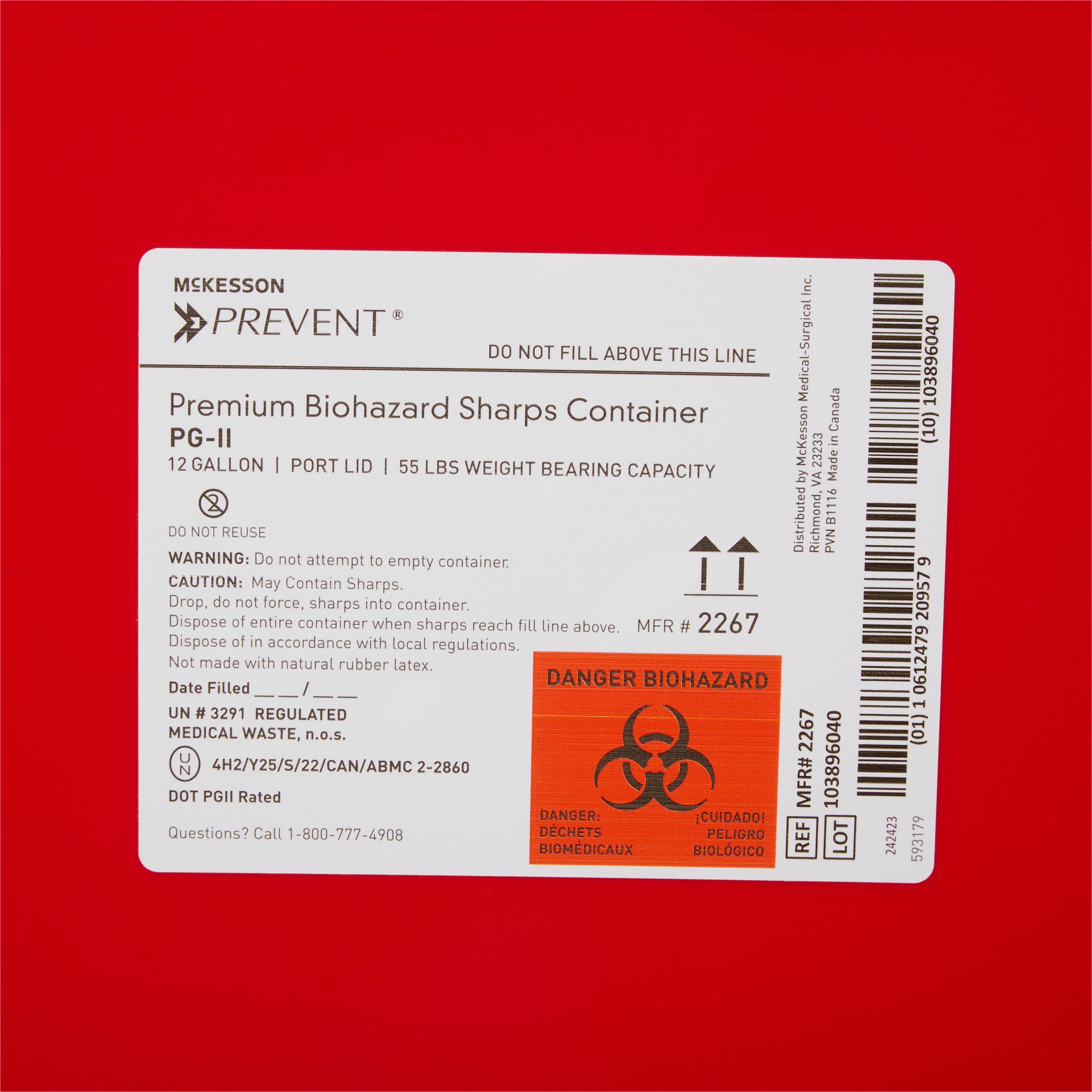 McKesson Brand 2267 - McKesson Prevent® Sharps Container, 12 Gallon, 20-4/5 x 17-3/10 x 13 Inch - 1/Each, 8/Case