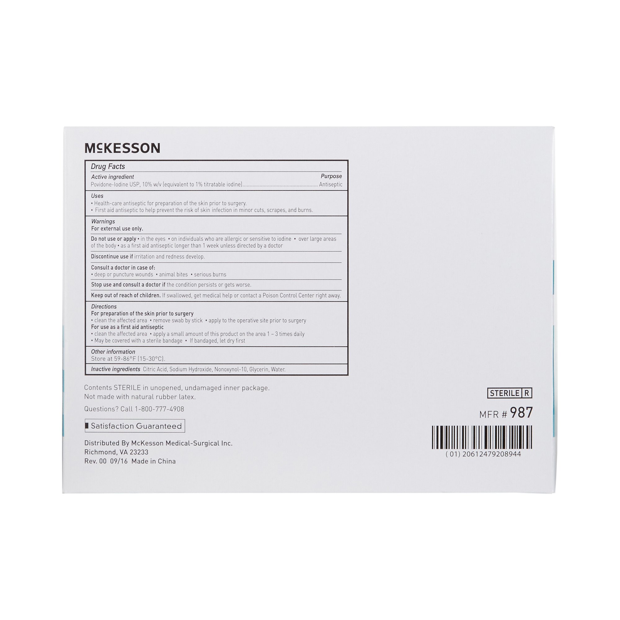 McKesson Brand 987 - McKesson Impregnated Swabstick 3 Pack 10% Strength - 1/Pack, 25/Box, 250/Case