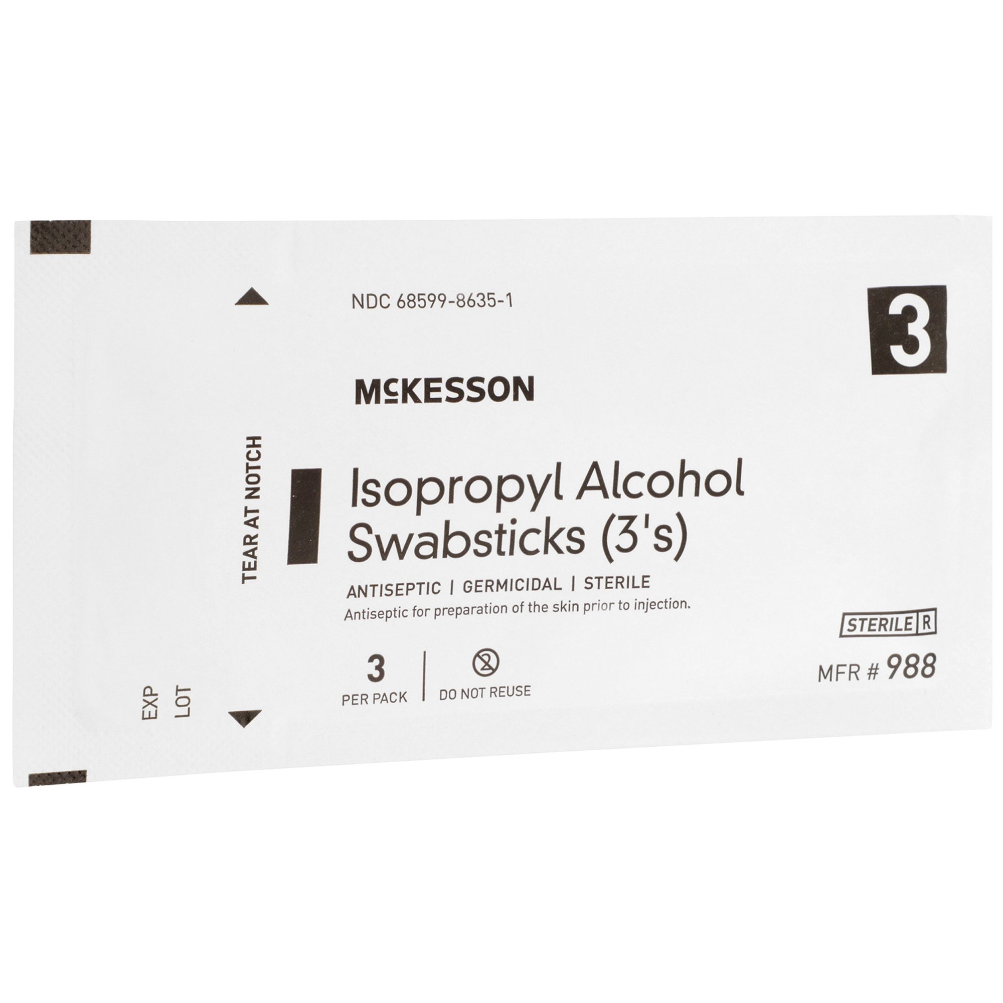 McKesson Brand 988 - McKesson Impregnated Swabstick, 70% Isopropyl Alcohol - 1/Pack, 25/Box, 250/Case