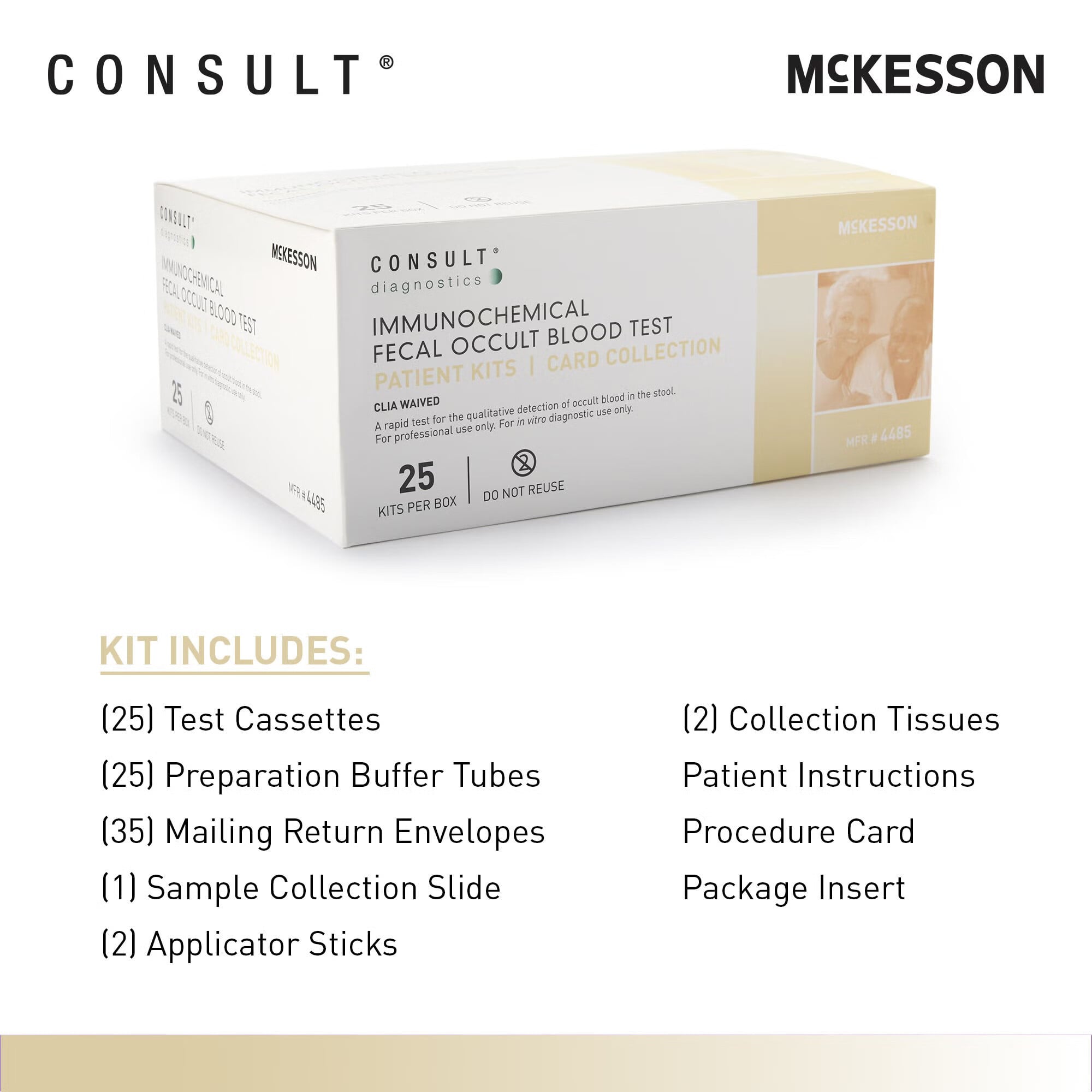 McKesson Brand - 4485 Cancer Screening Test Kit McKesson Consult™ Fecal Occult Blood Test (iFOB or FIT) 25 Tests CLIA Waived
