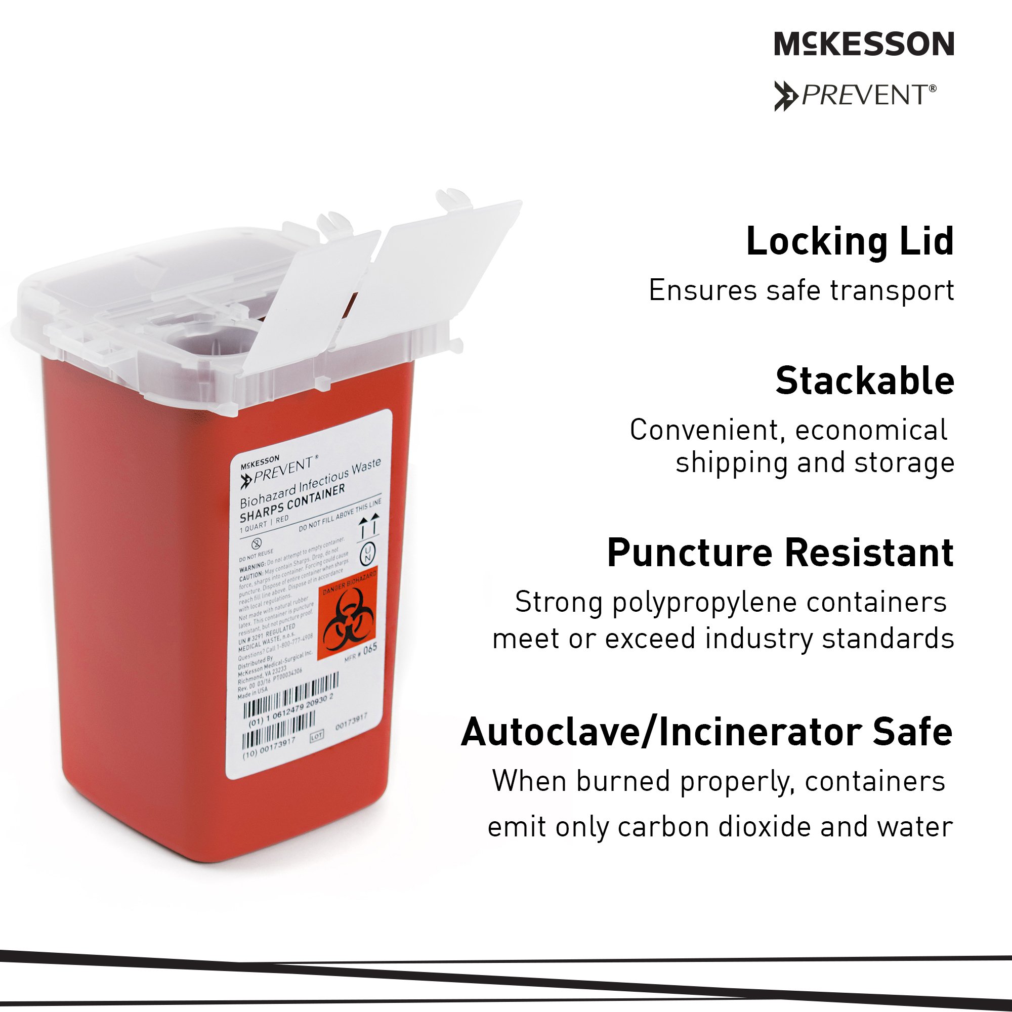 McKesson Brand 065 - McKesson Prevent® Sharps Container, 1 Quart, 6-1/4 x 4-1/4 x 4-1/4 Inch - 1/Each, 80/Case