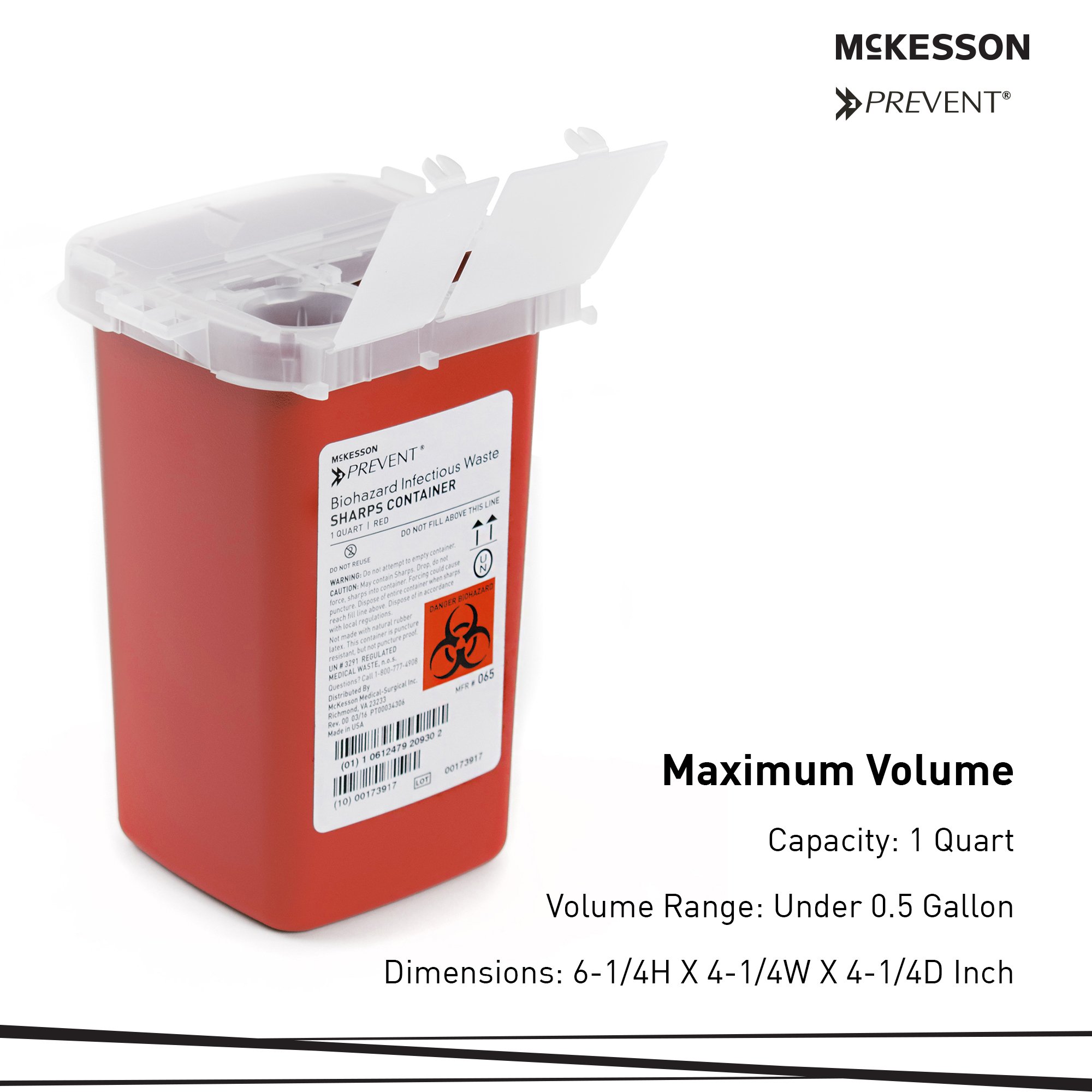 McKesson Brand 065 - McKesson Prevent® Sharps Container, 1 Quart, 6-1/4 x 4-1/4 x 4-1/4 Inch - 1/Each, 80/Case