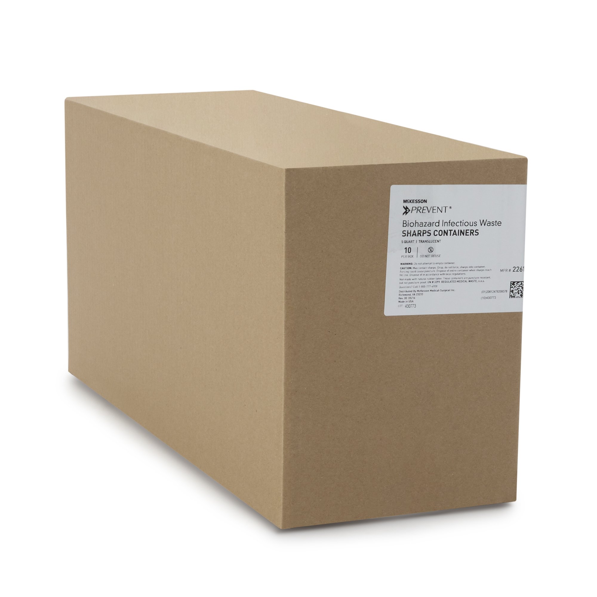 McKesson Brand 2261 - McKesson Prevent® Sharps Container, 1-1/4 Gallon, 10-3/4 x 10-1/2 x 4-3/4 Inch - 1/Each, 20/Case