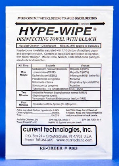 Current Technologies - 9103 Surface Disinfectant HYPE-WIPE® Premoistened Manual Pull Wipe 100 Count Individual Packet Bleach Scent NonSterile