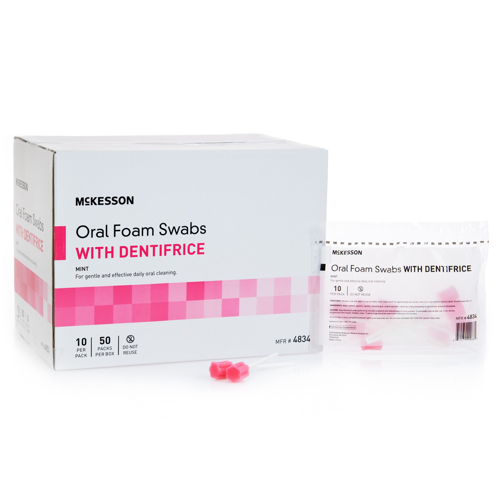 McKesson Brand 4834 - McKesson Oral Swabstick Foam Tip Dentifrice, Mint, 10 per Pack - 1/Pack, 50/Box, 100/Case