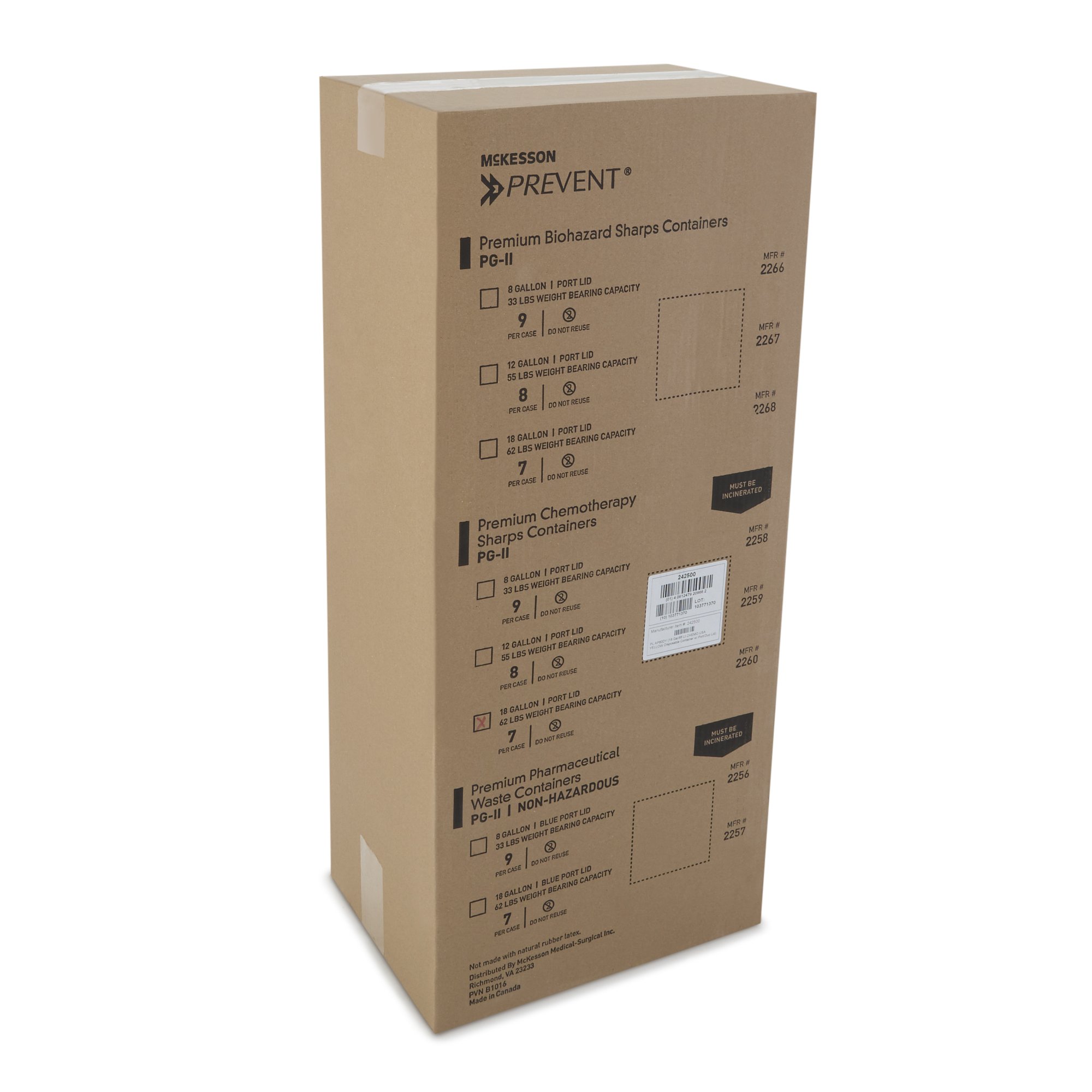 McKesson Brand 2260 - McKesson Prevent® Chemotherapy Sharps Container, 18-Gal., 24.6 x 17.3 x 13 Inch - 1/Each, 7/Case