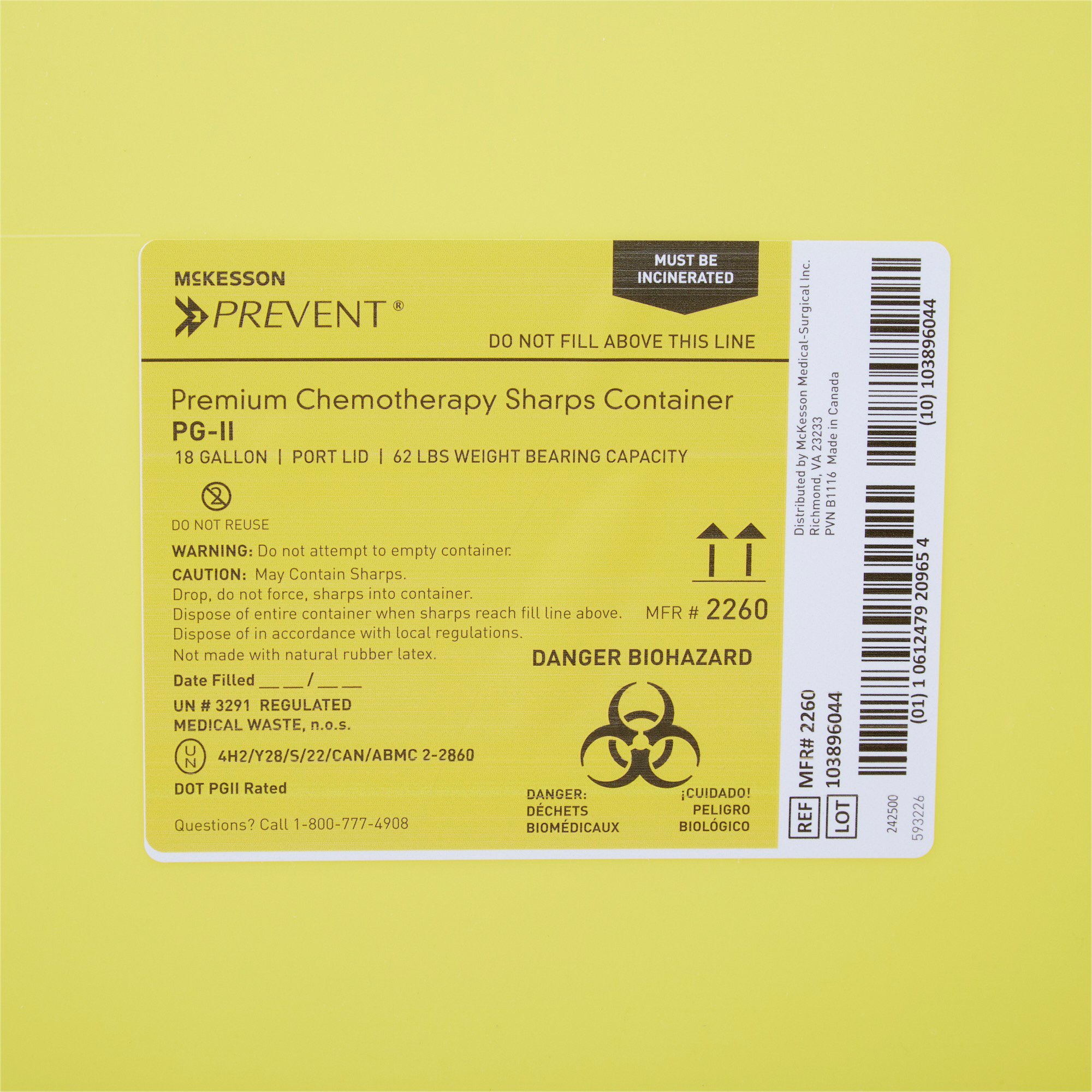 McKesson Brand 2260 - McKesson Prevent® Chemotherapy Sharps Container, 18-Gal., 24.6 x 17.3 x 13 Inch - 1/Each, 7/Case