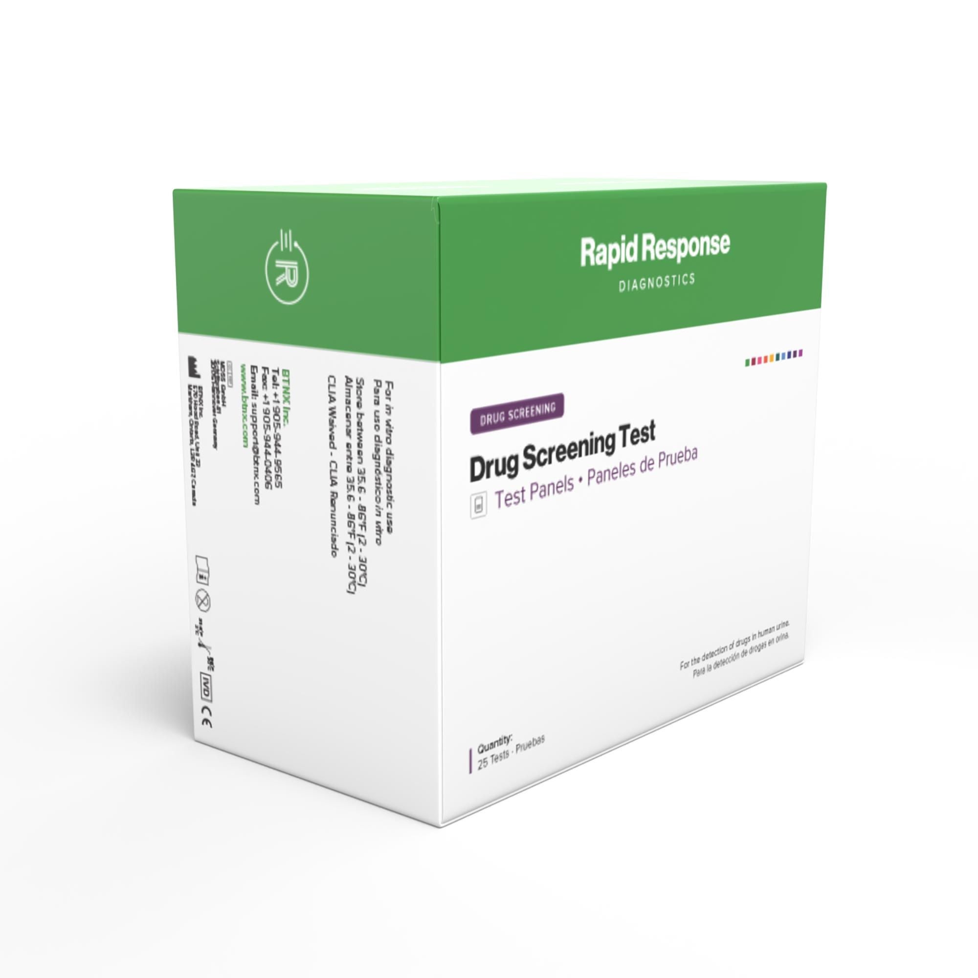 BTNX - D10.1-1P29-25 Drugs of Abuse Test Kit Rapid Response™ AMP1000, BAR300, BZO300, COC300, mAMP/MET1000, MTD300, OPI2000, PCP2, TCA1000, THC50 25 Tests CLIA Waived