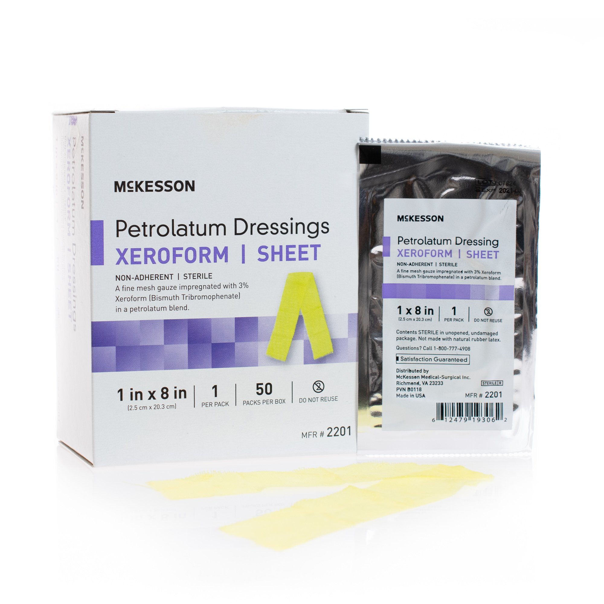 McKesson Brand 2201 - McKesson Xeroform Petrolatum Impregnated Dressing, 1 x 8 Inch - 1/Each, 50/Box, 200/Case