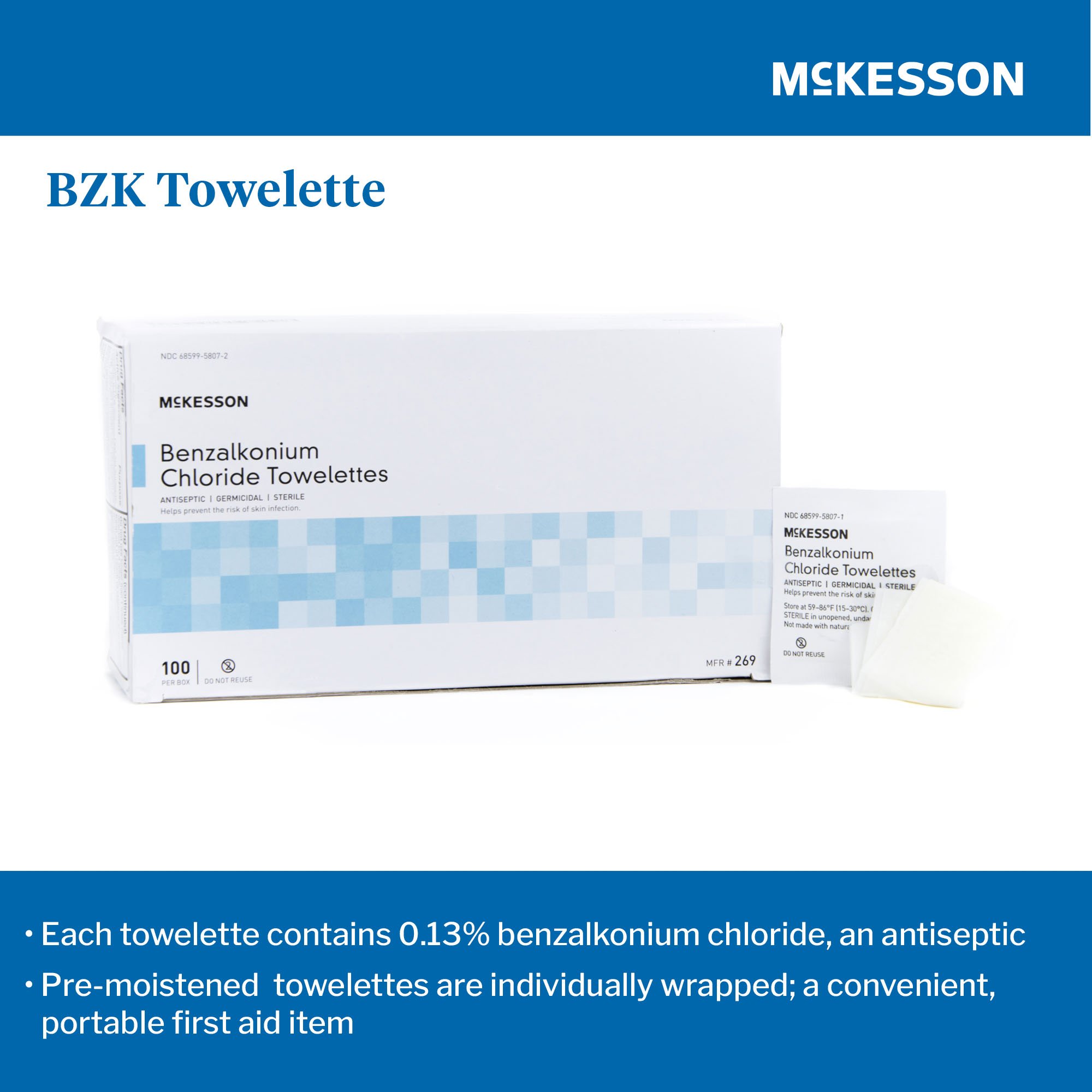 McKesson Brand 269 - McKesson Benzalkonium Chloride Antiseptic Skin Wipes - 1/Each, 100/Box, 1000/Case