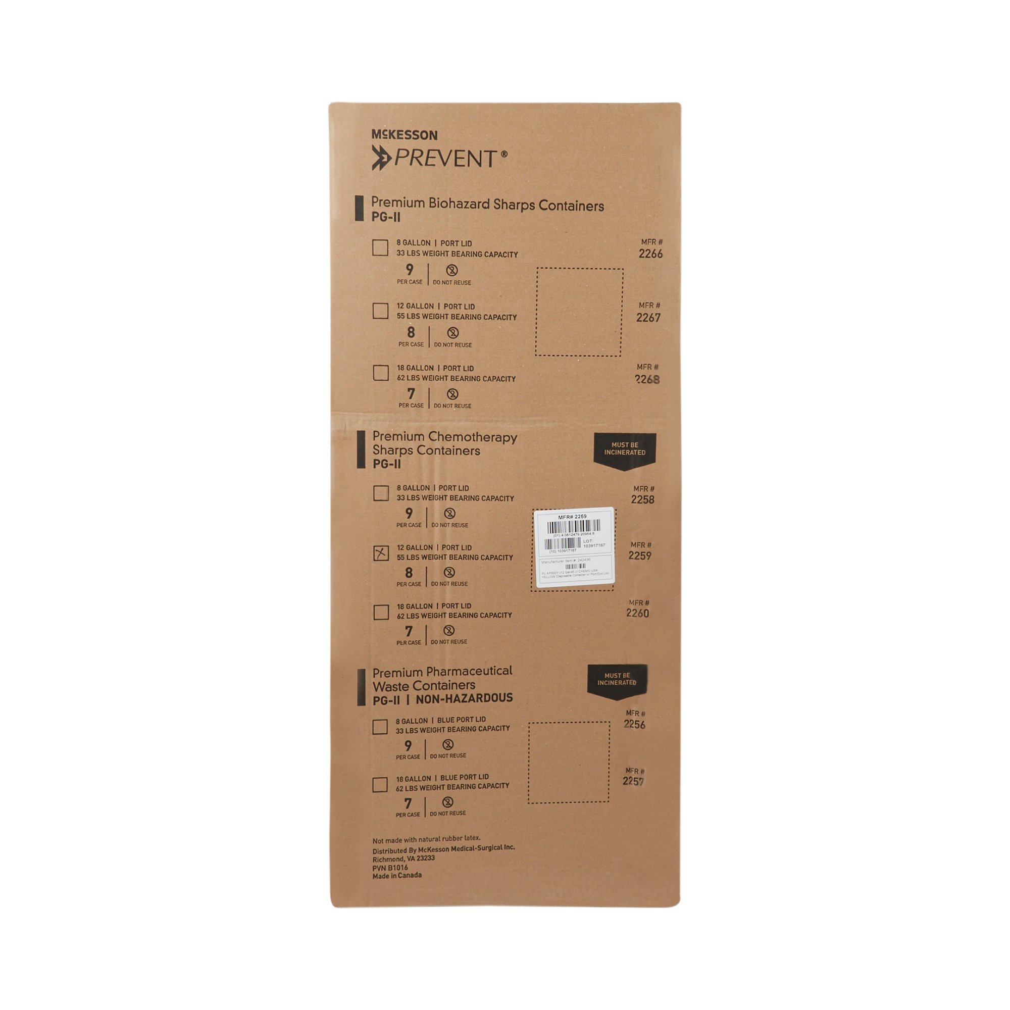 McKesson Brand 2259 - McKesson Prevent® Chemotherapy Sharps Container, 12 Gal., 20.8 x 17.3 x 13 Inch - 1/Each, 8/Case