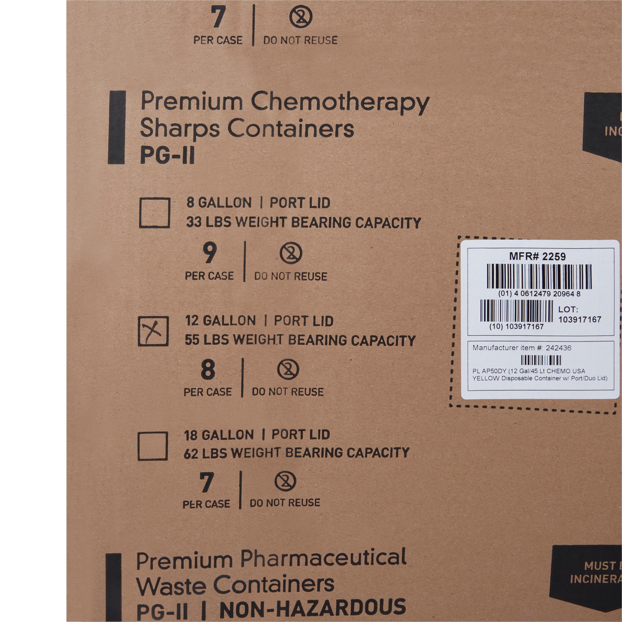 McKesson Brand 2259 - McKesson Prevent® Chemotherapy Sharps Container, 12 Gal., 20.8 x 17.3 x 13 Inch - 1/Each, 8/Case