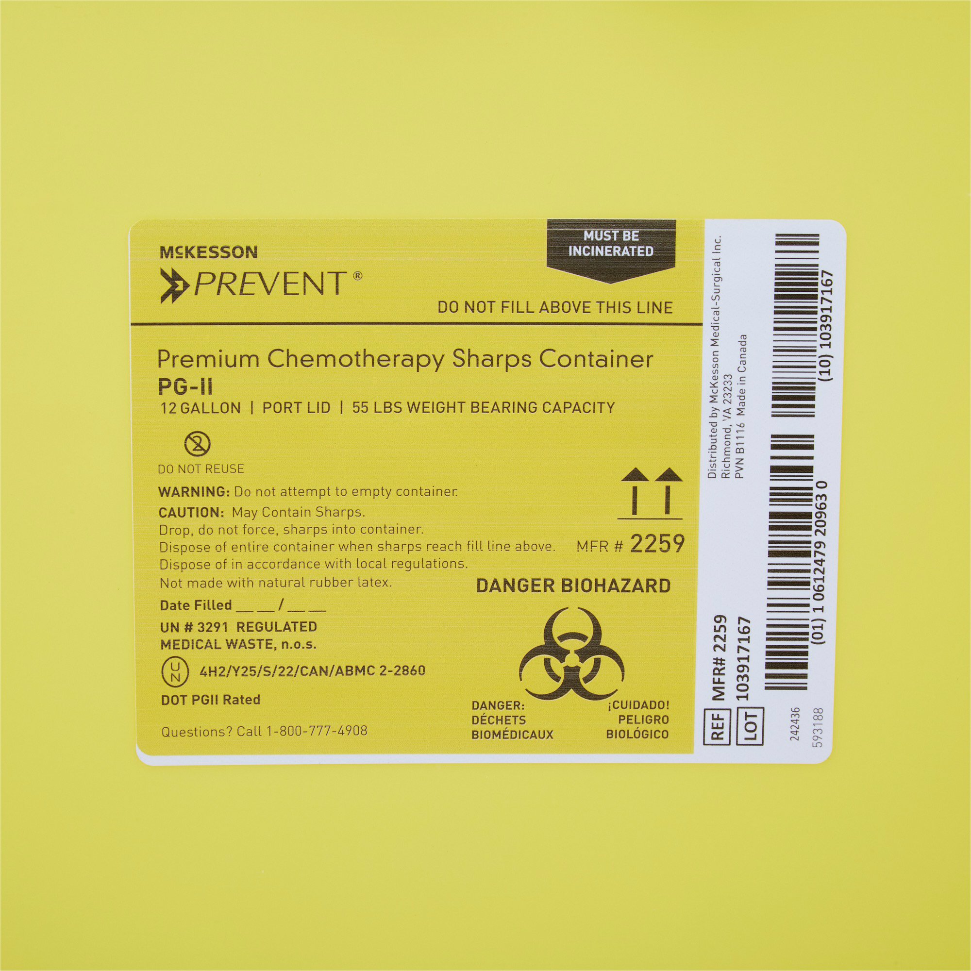 McKesson Brand 2259 - McKesson Prevent® Chemotherapy Sharps Container, 12 Gal., 20.8 x 17.3 x 13 Inch - 1/Each, 8/Case