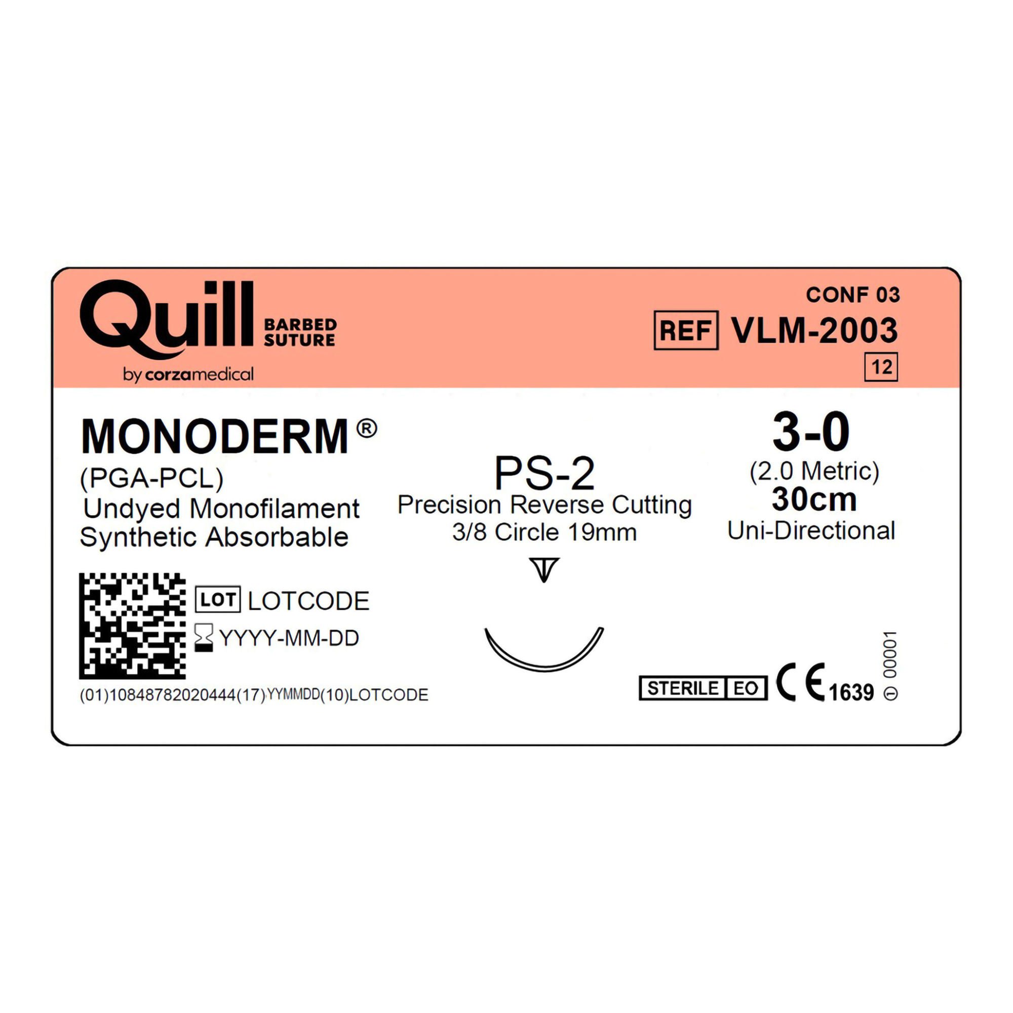 Surgical Specialties - VLM-2003 Absorbable Quill Barbed Suture with Needle Quill™ Monoderm™ Polyglycolic Acid / PCL PS-2 3/8 Circle Reverse Cutting Needle Size 3-0 Barbed Monofilament