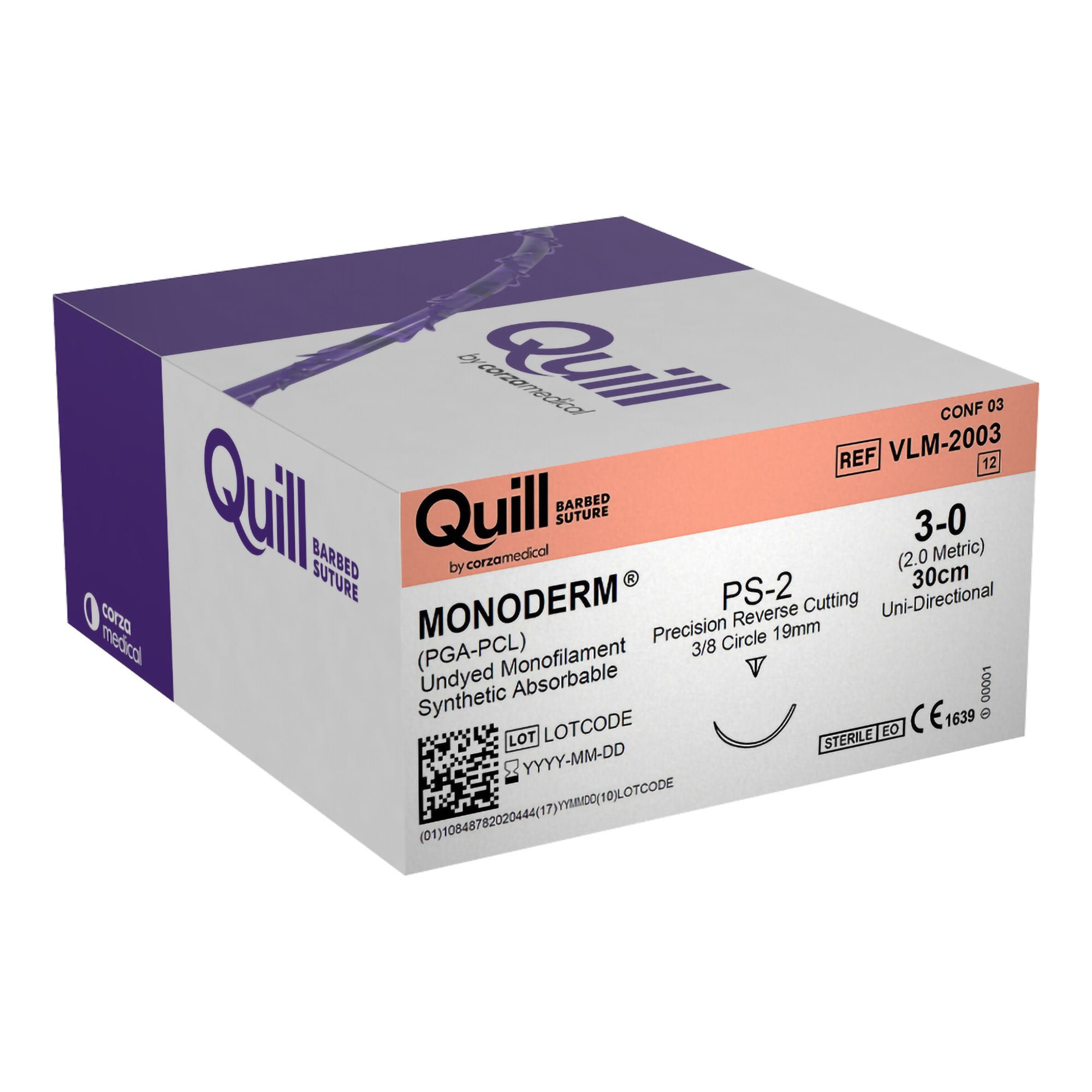 Surgical Specialties - VLM-2003 Absorbable Quill Barbed Suture with Needle Quill™ Monoderm™ Polyglycolic Acid / PCL PS-2 3/8 Circle Reverse Cutting Needle Size 3-0 Barbed Monofilament