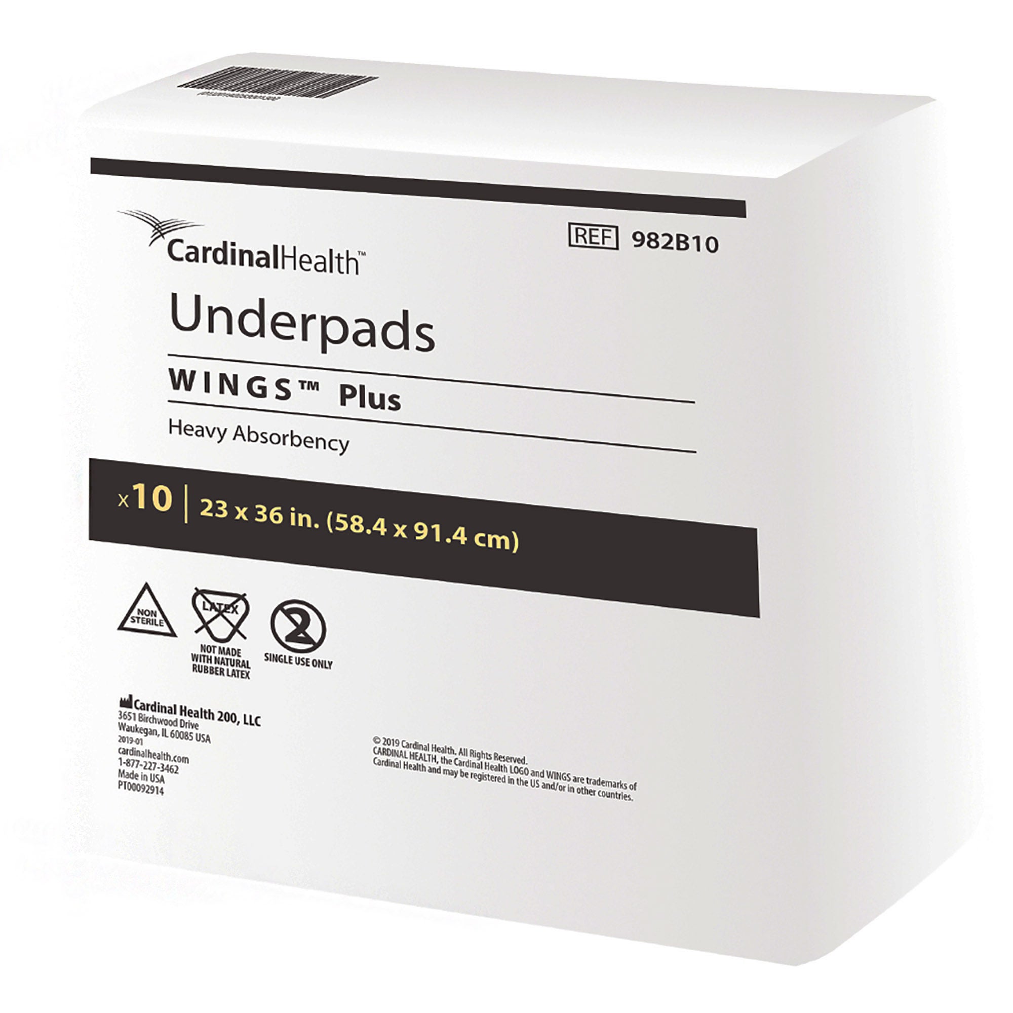 Cardinal - 982B10 Disposable Underpad Wings™ Plus 23 X 36 Inch Fluff / Polymer Heavy Absorbency